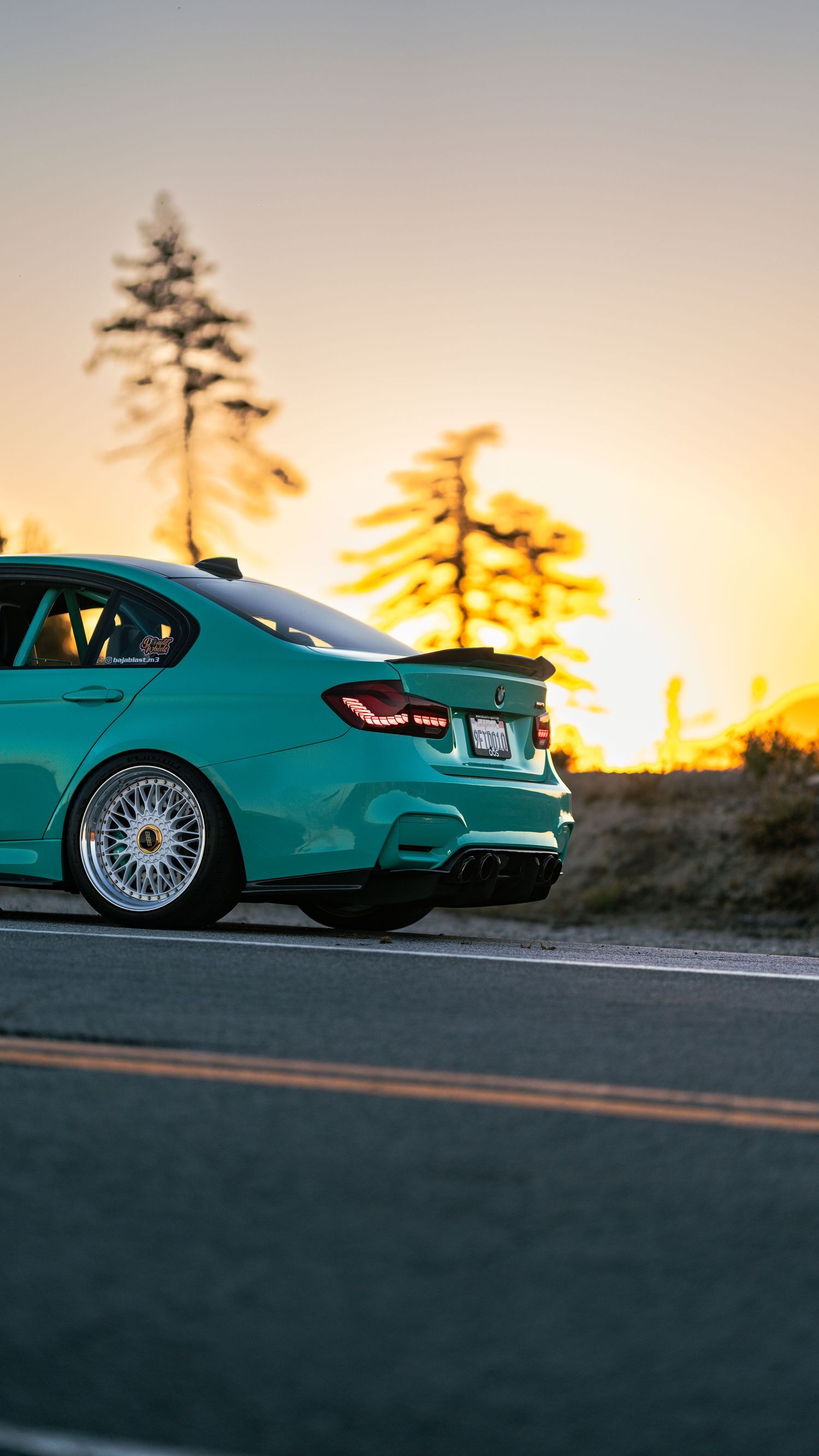 Side profile views of a turquoise BMW M3 against sunset sky with pine trees.