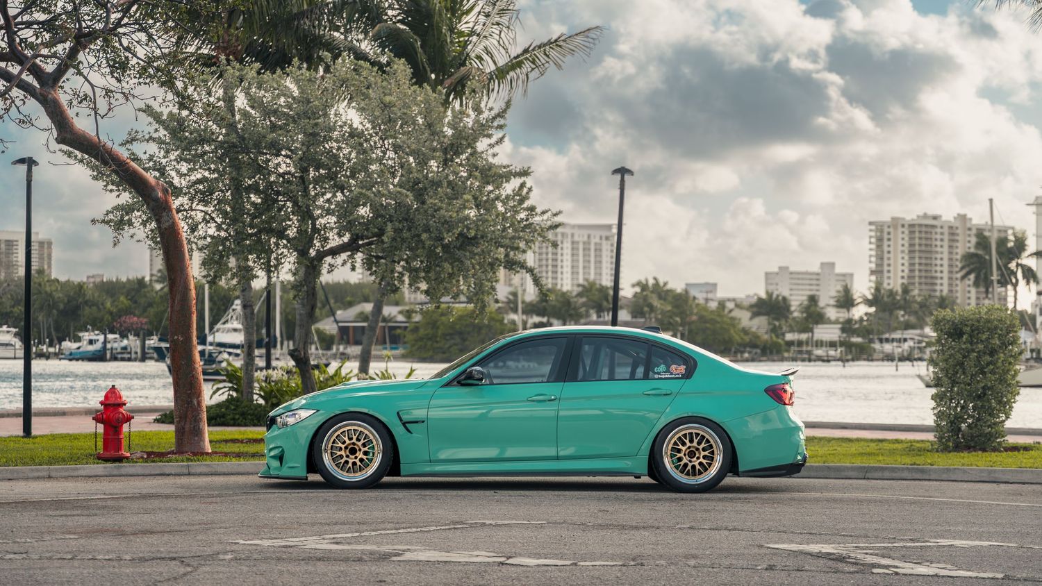 Tiffany blue BMW M3 on gold wheels parked near waterfront with palm trees and city skyline in background.