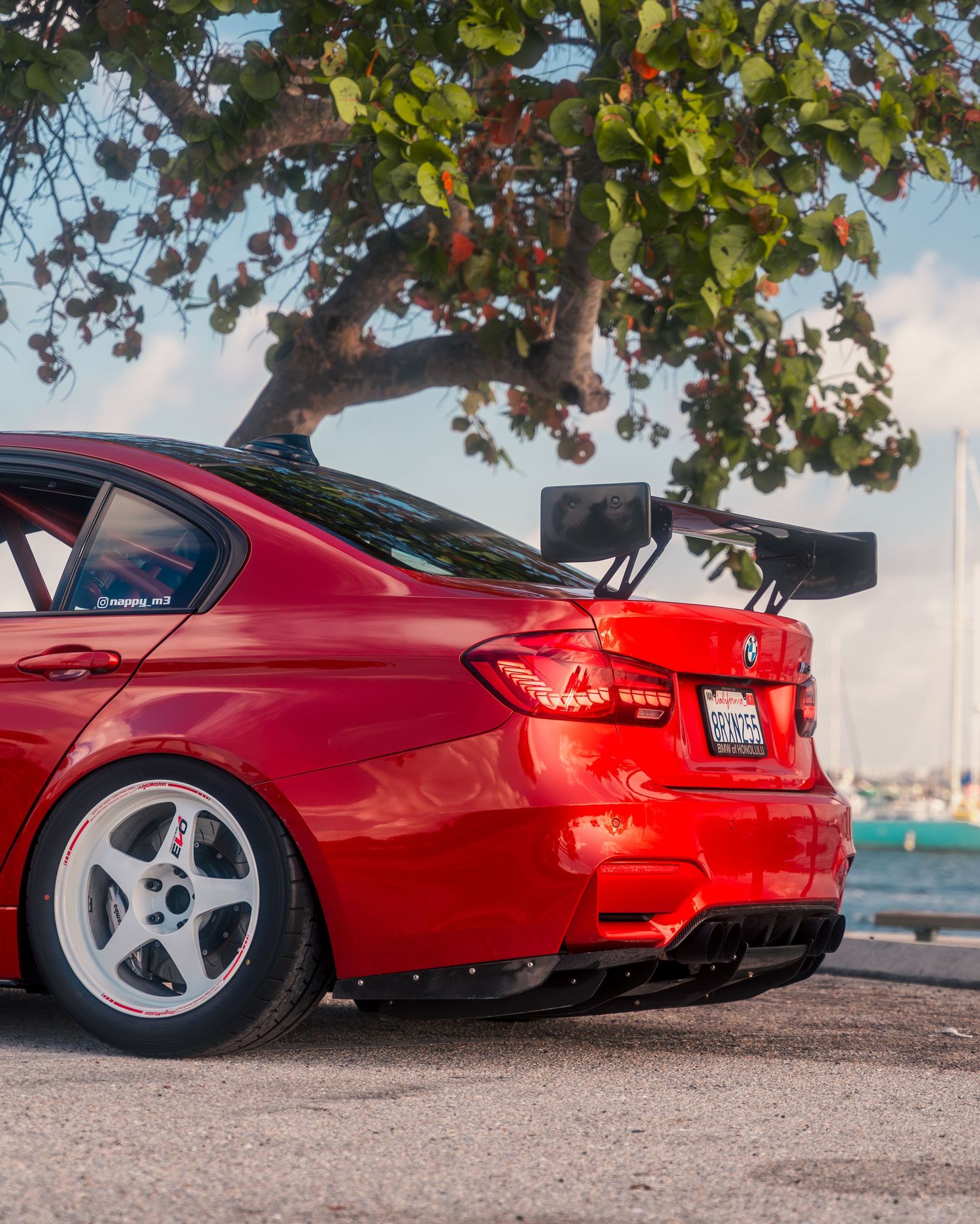 Red BMW M4 with large GT wing, white wheels, and carbon diffuser parked near waterfront under green tree.