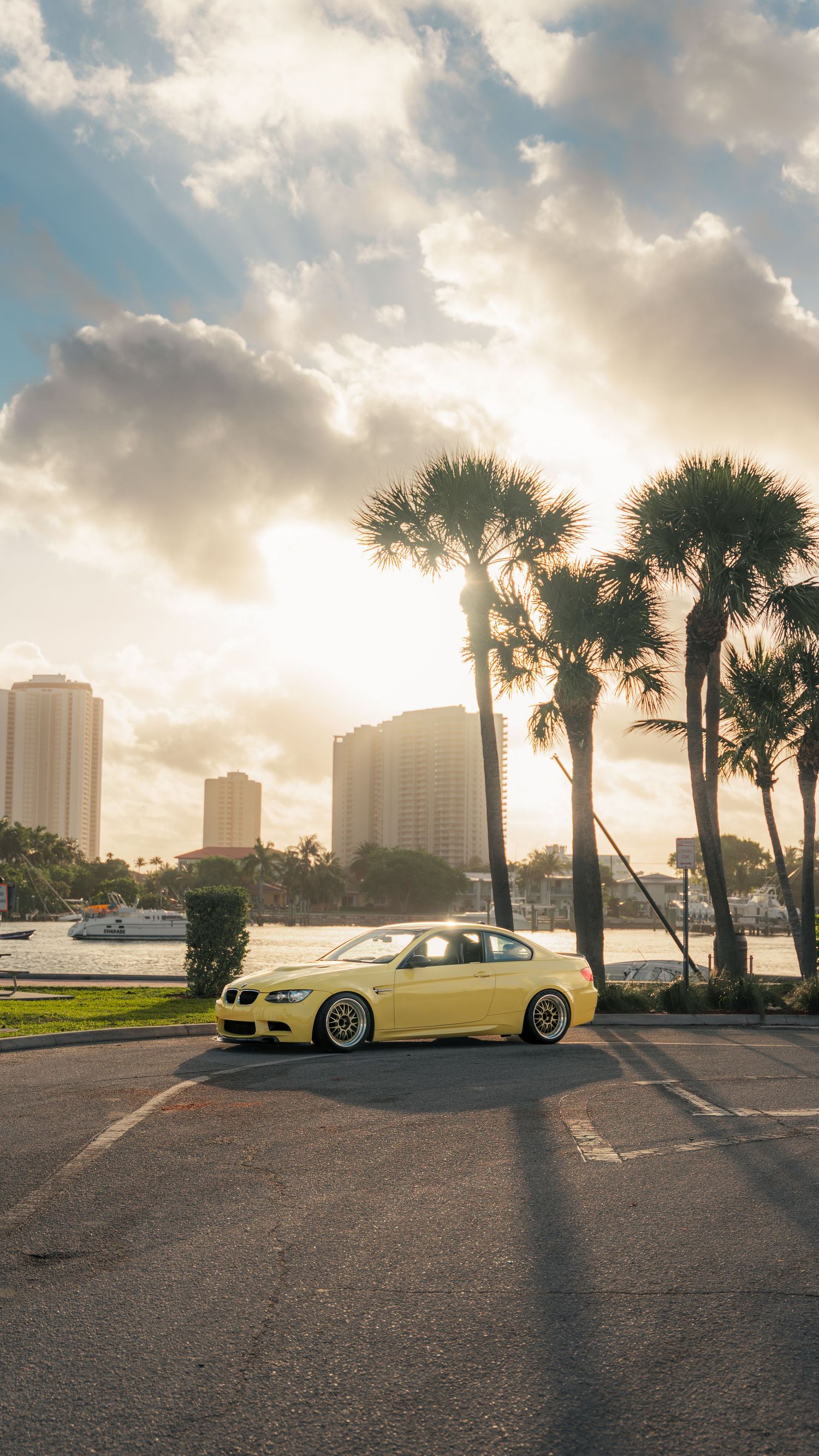 Yellow BMW coupe parked near palm trees with city skyline and dramatic cloudy sky in Miami, Florida.