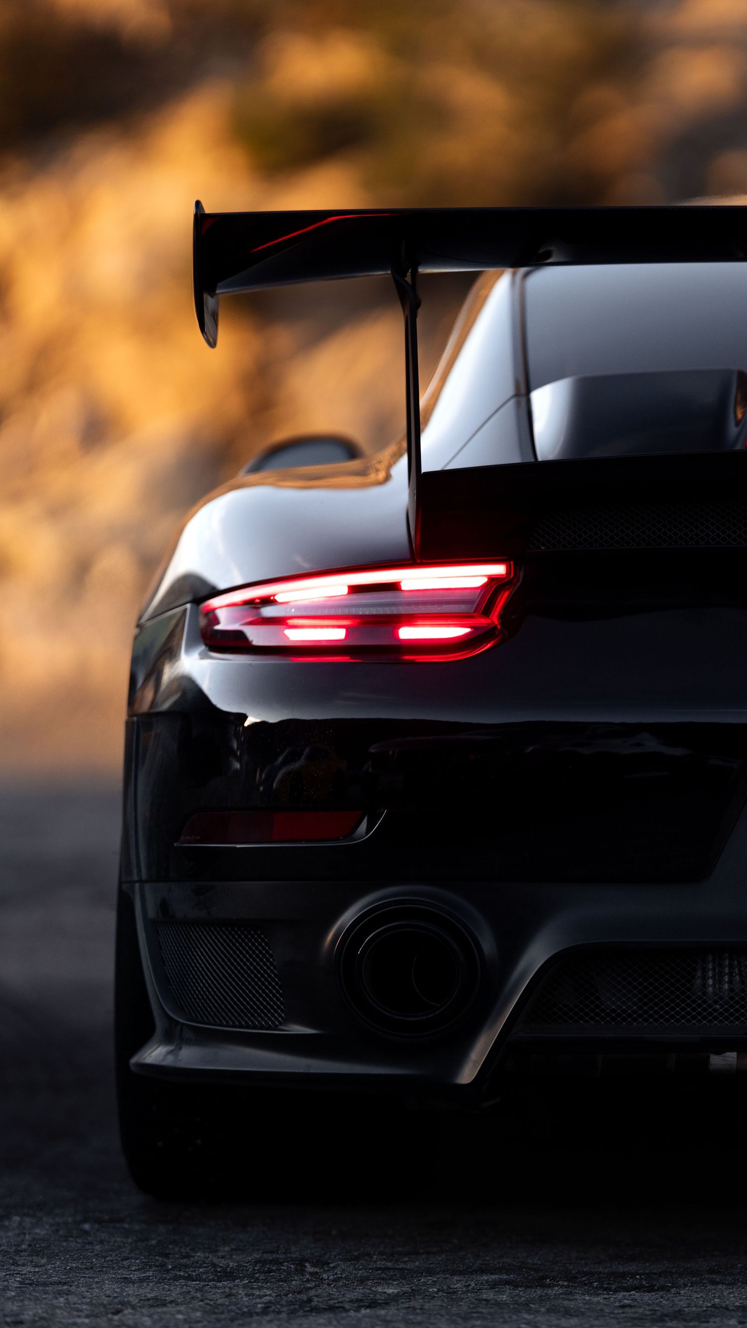 Rear view of Porsche 911 GT3 showing distinctive taillights and wing at dusk.