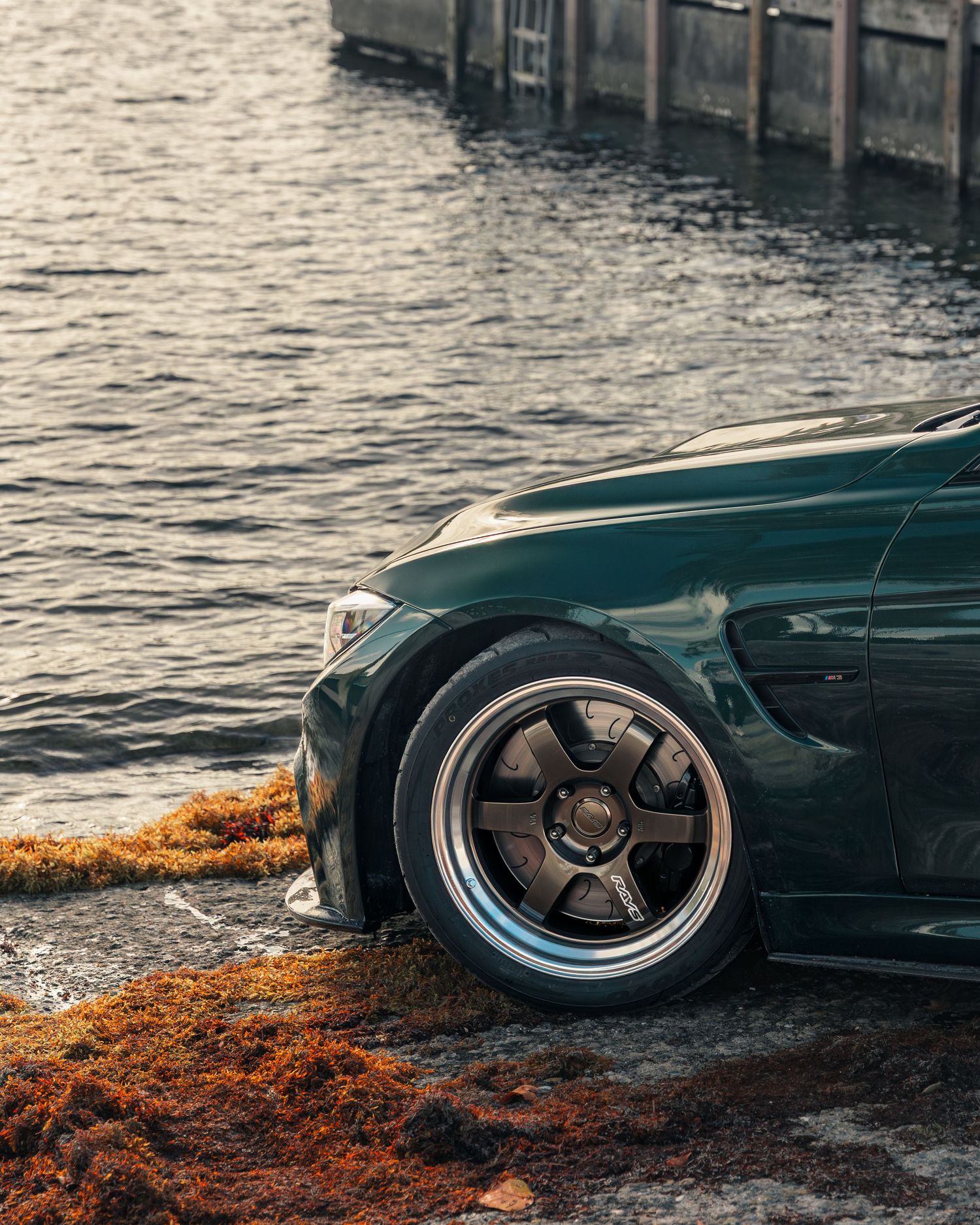 Dark green BMW with aftermarket wheels parked near waterfront on rocky shore with orange moss.