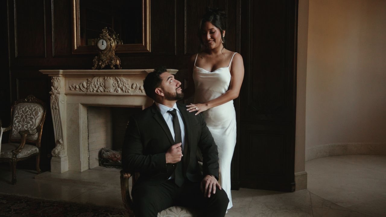 Dramatic moody wedding photography sequence showing couple in formal attire indoors.