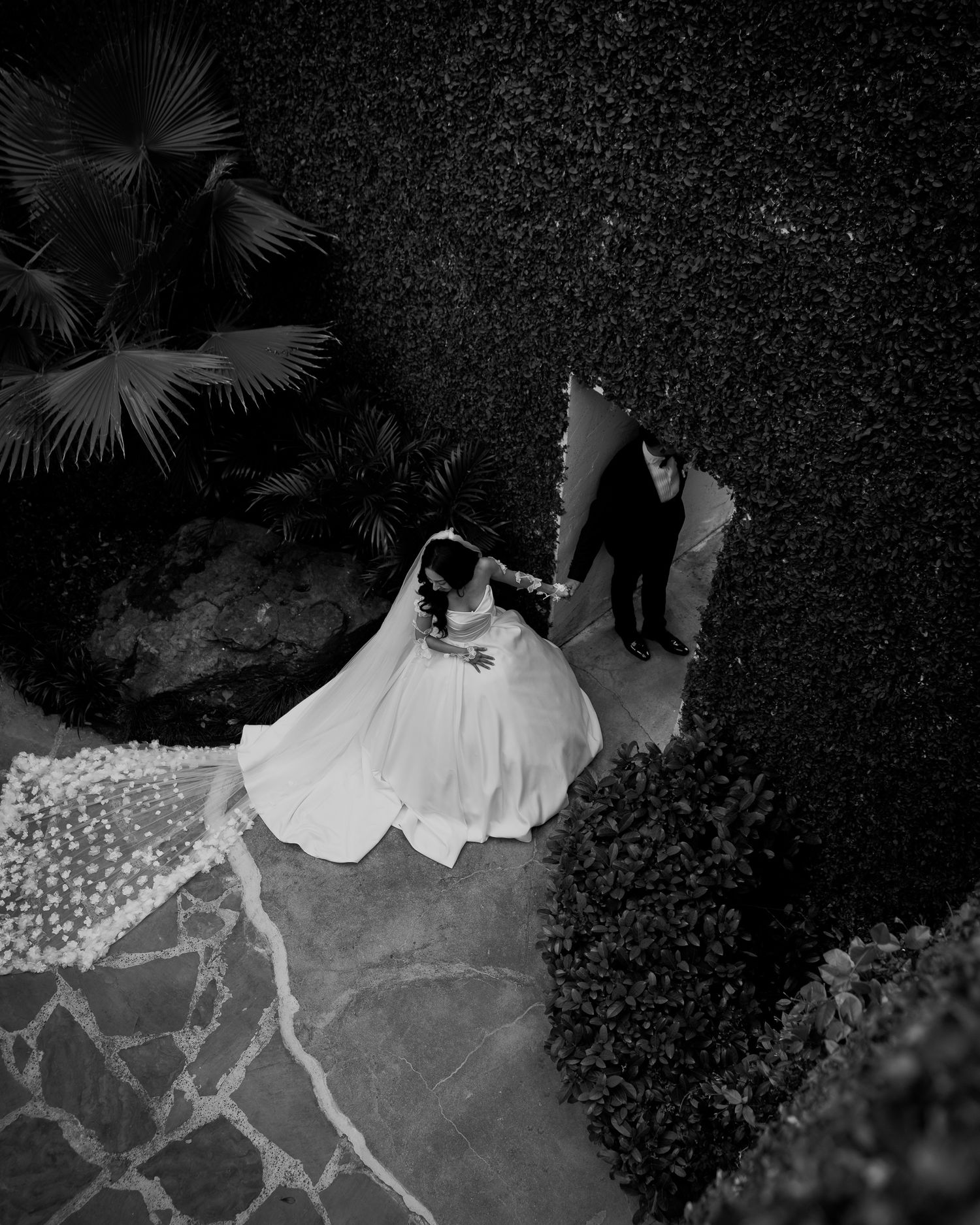 Aerial black and white view of wedding celebration on outdoor stone patio surrounded by foliage.