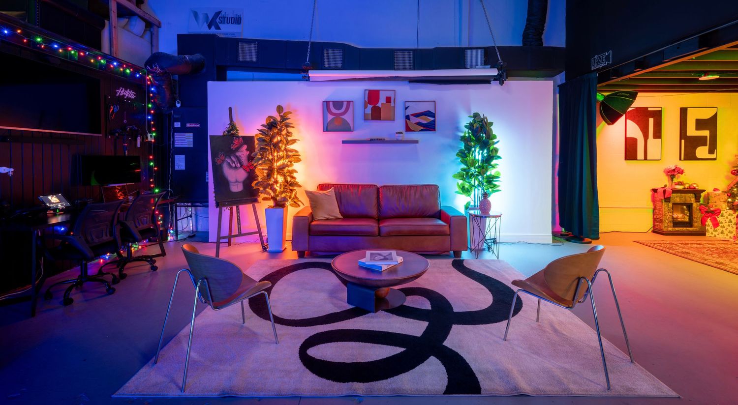 Creative studio in Miami with dynamic lighting and open space for podcasting, photography, and content creation.