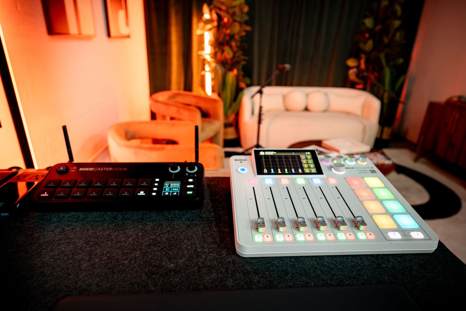 Close-up of podcast equipment in Miami studio, featuring pro audio gear for recording content and interviews.