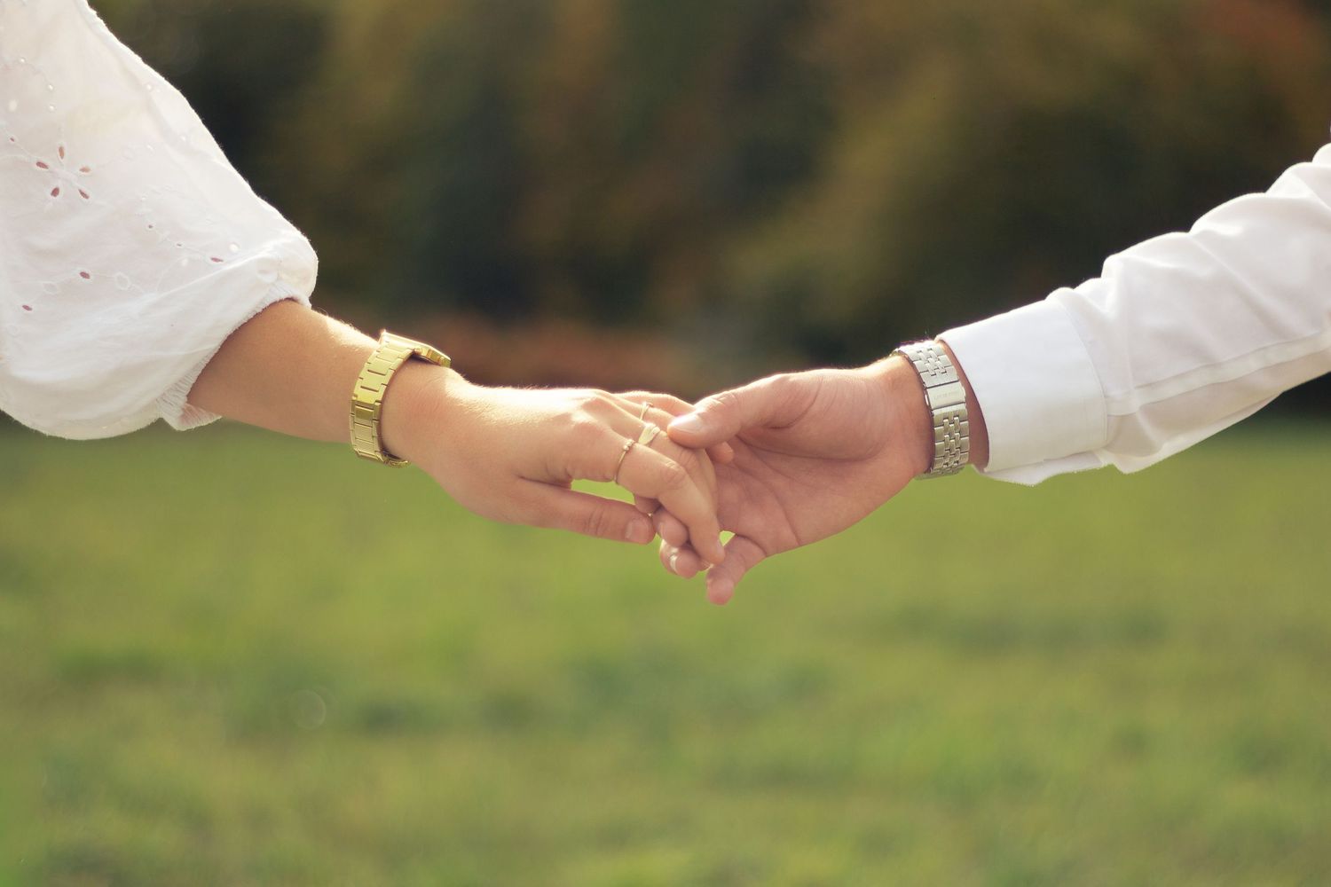 Zoom sur les mains tendues d'un couple dans un champs