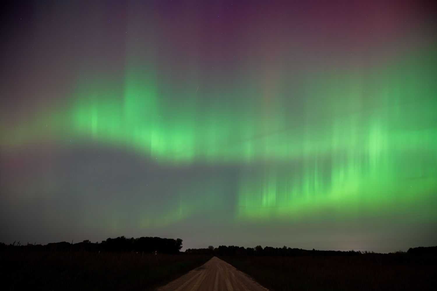 Northern lights illuminate country road with vibrant green streaks across dark sky.