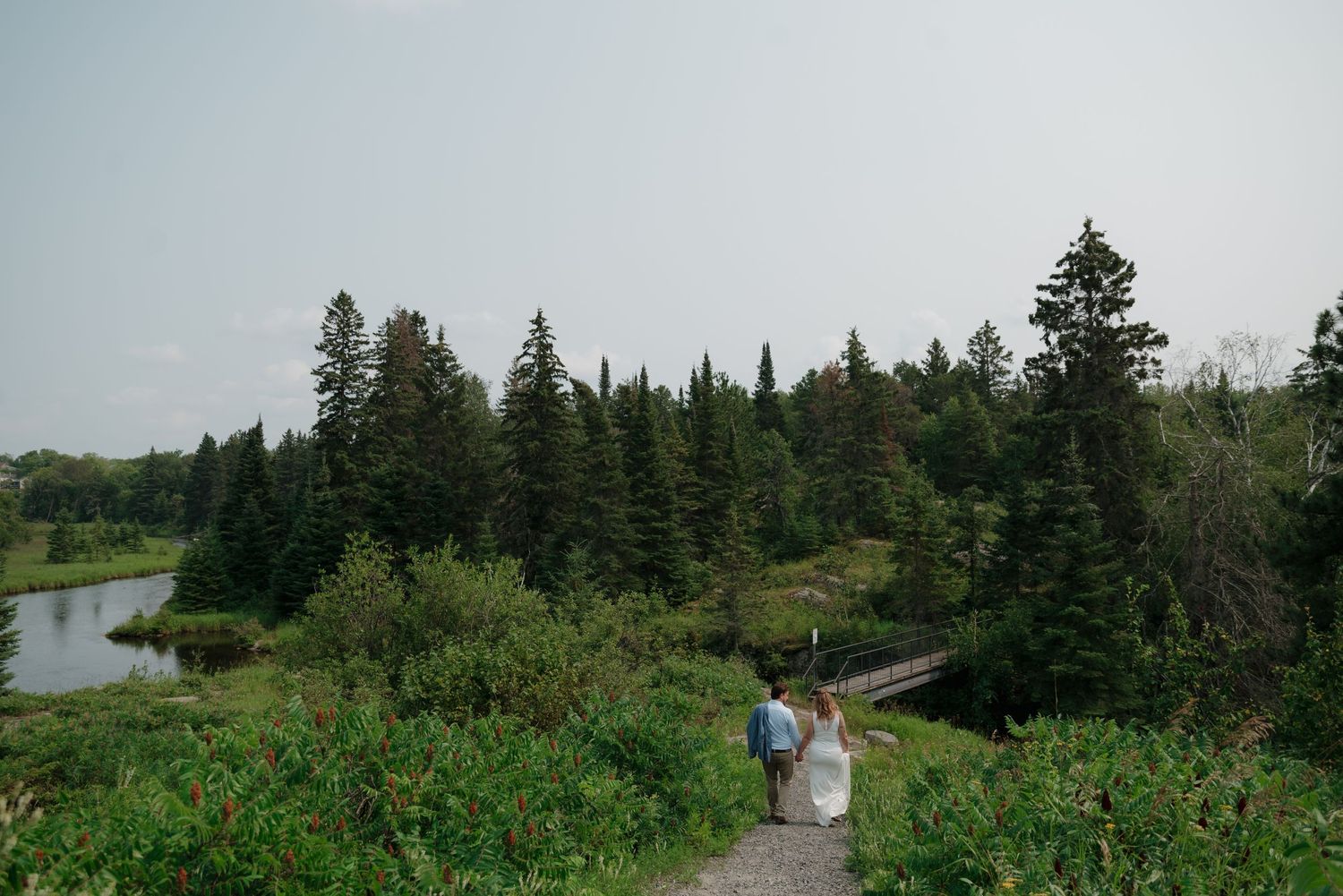 A scenic forest path leads through evergreen trees with a lake view in the background.
