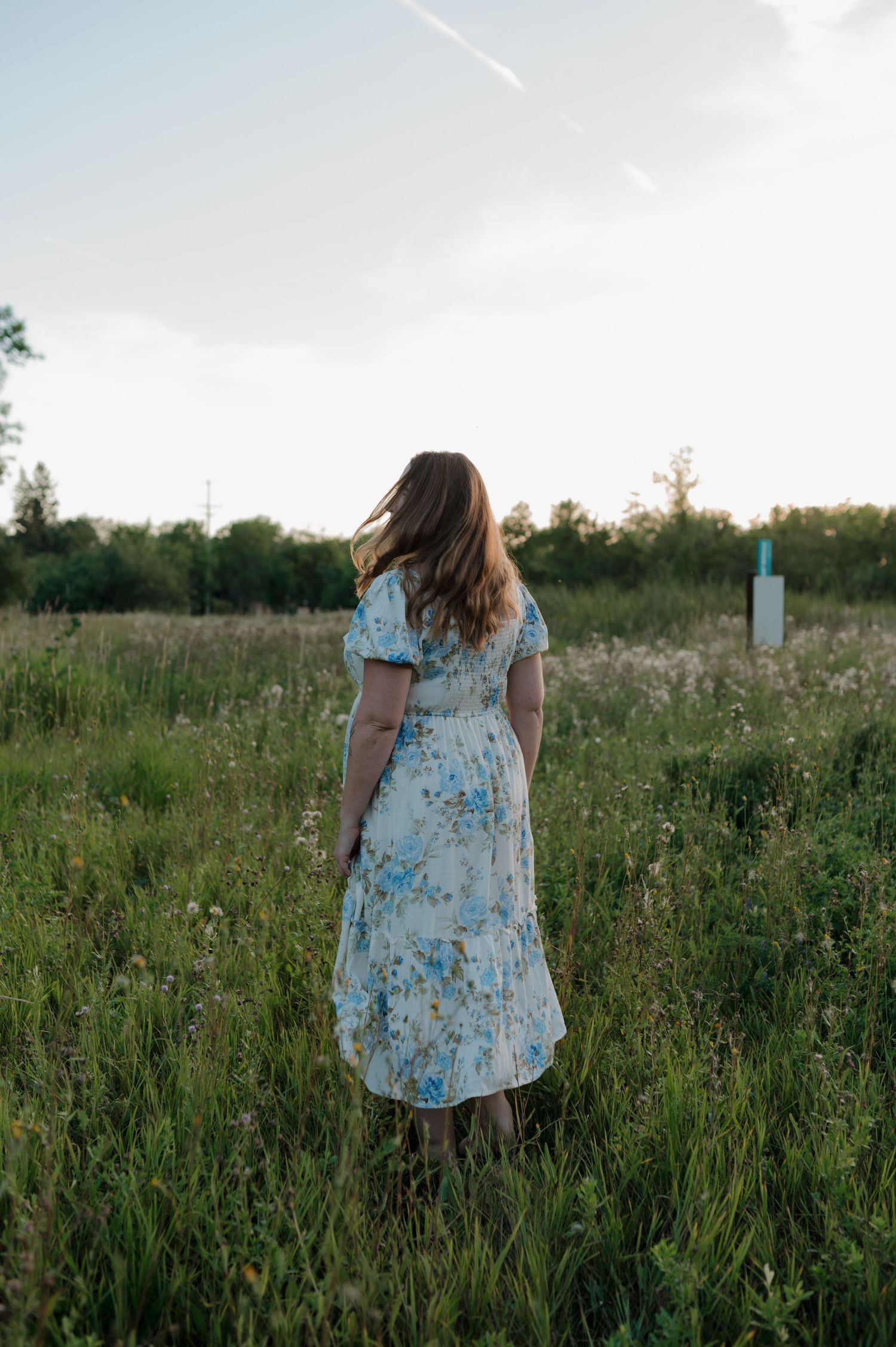 Woman in a floral blue midi dress standing in a wildflower meadow with her back to the camera at sunset.
