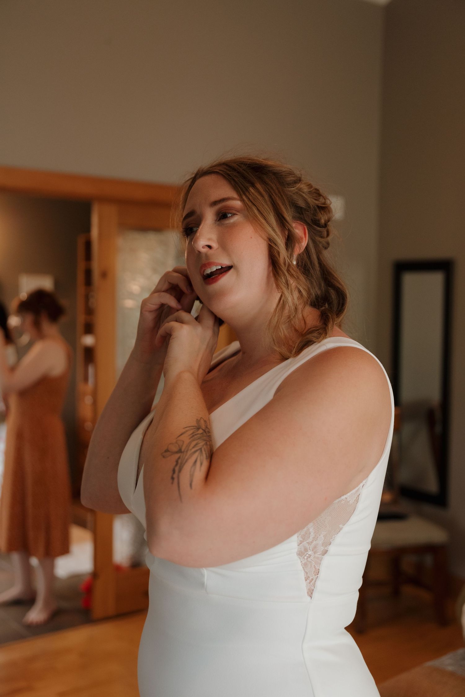 A sequence of candid moments shows someone in a white wedding dress laughing joyfully during wedding preparations.