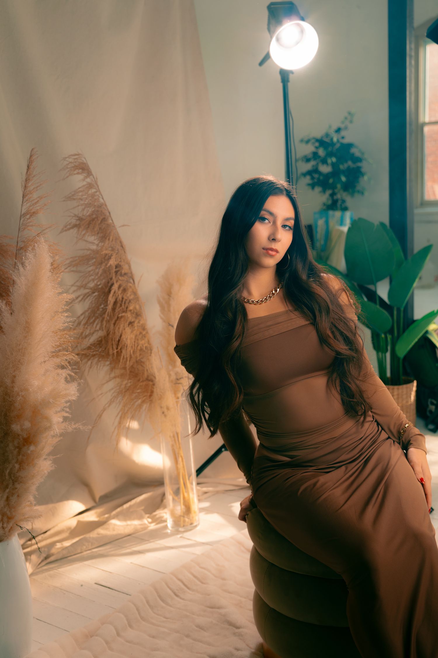 Woman in brown mesh dress poses elegantly in a studio with pampas grass, plants, and warm studio lighting.