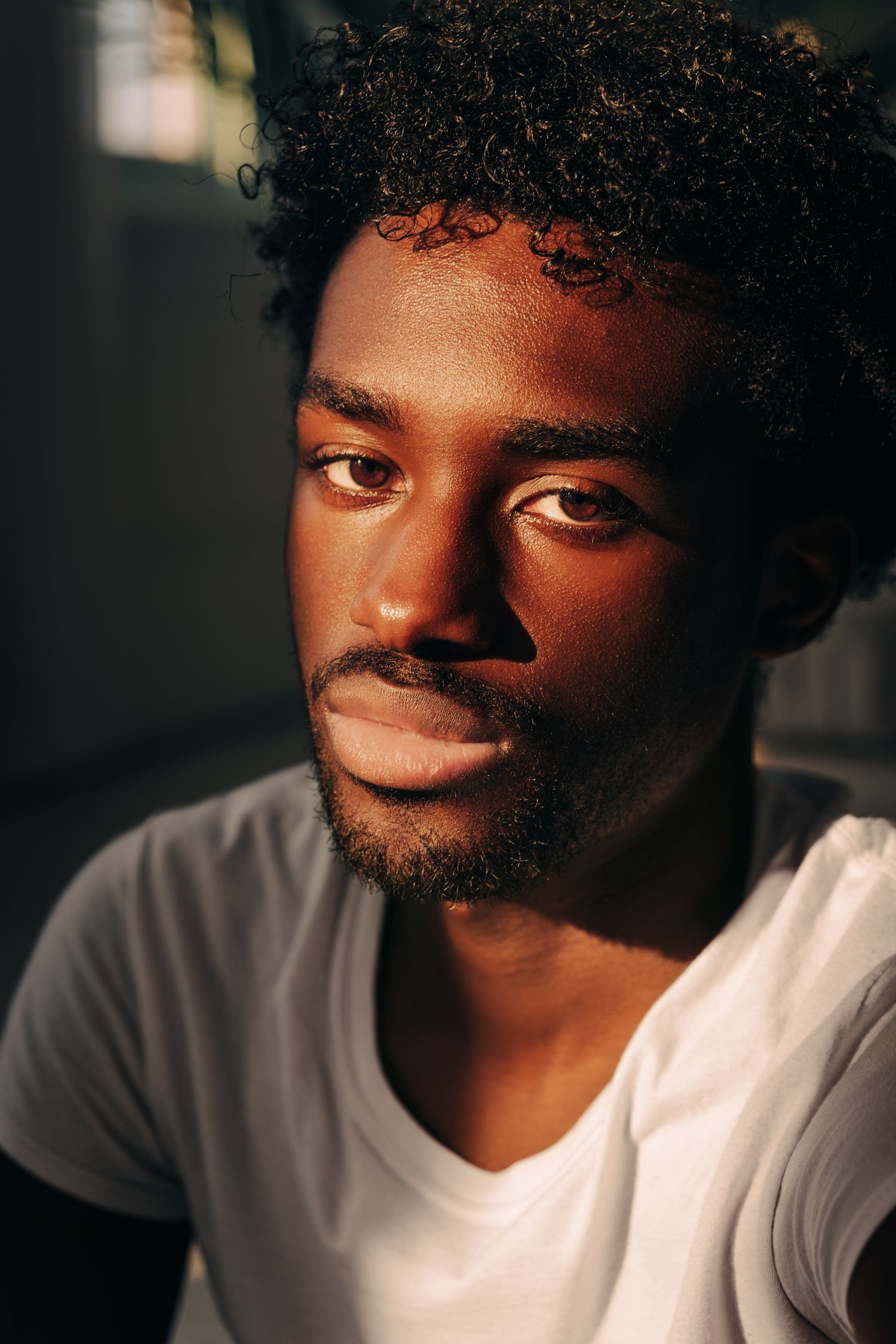 Young Black man with curly hair and beard in warm sunlight, wearing a white t-shirt, looking thoughtfully at camera.