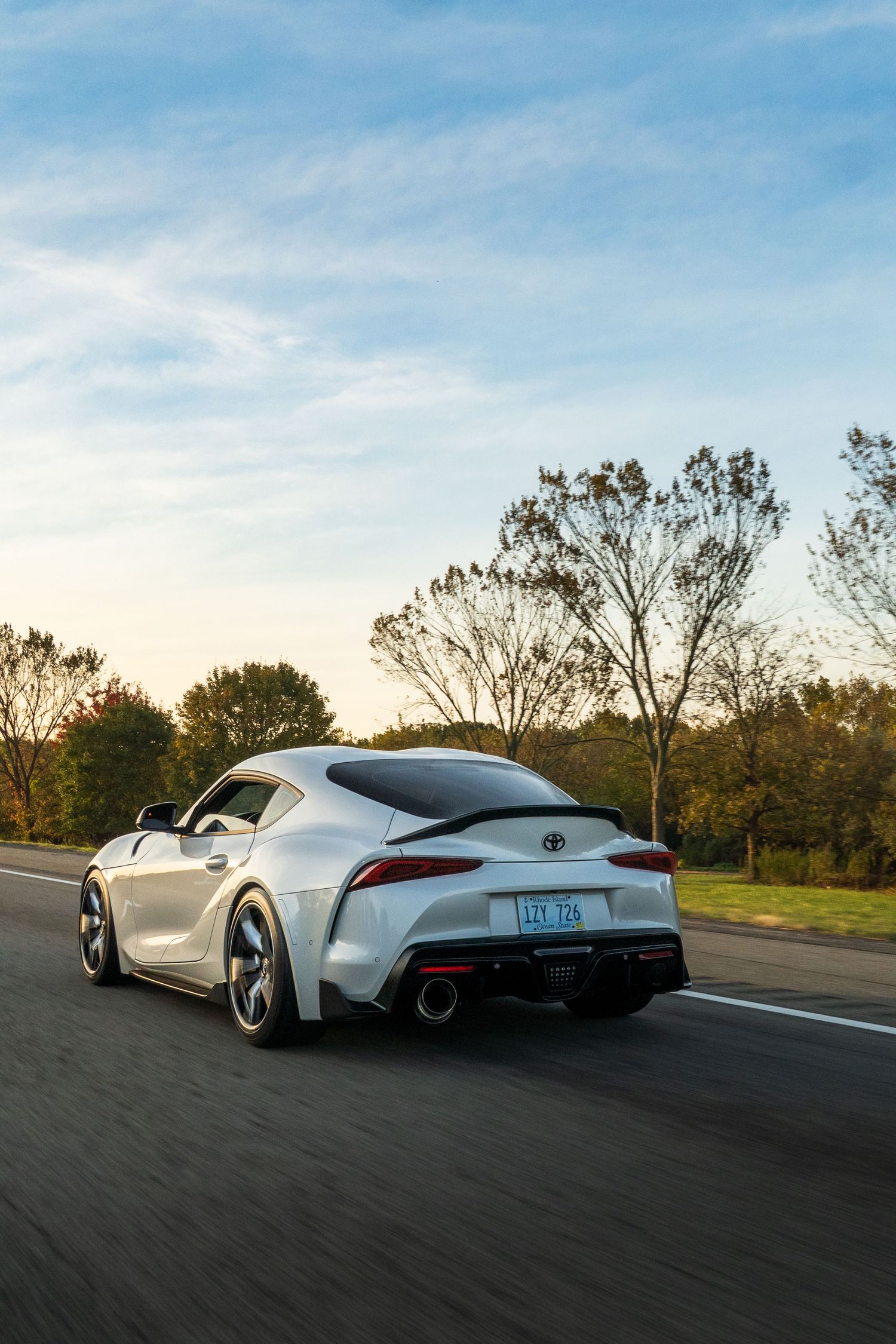 Toyota Supra GR rolling shot in fall