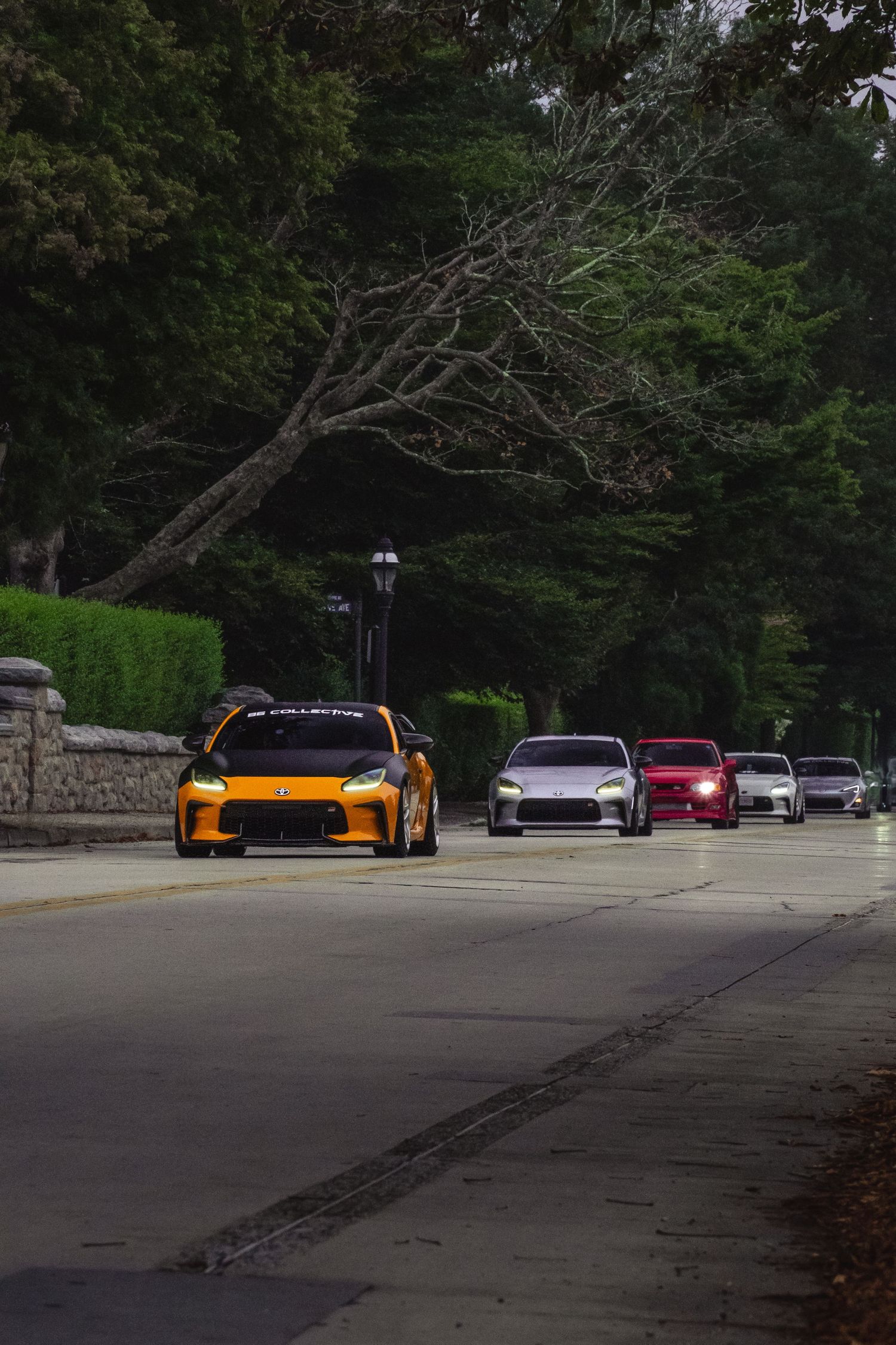 Group of friends cruising together after a cars and coffee meet