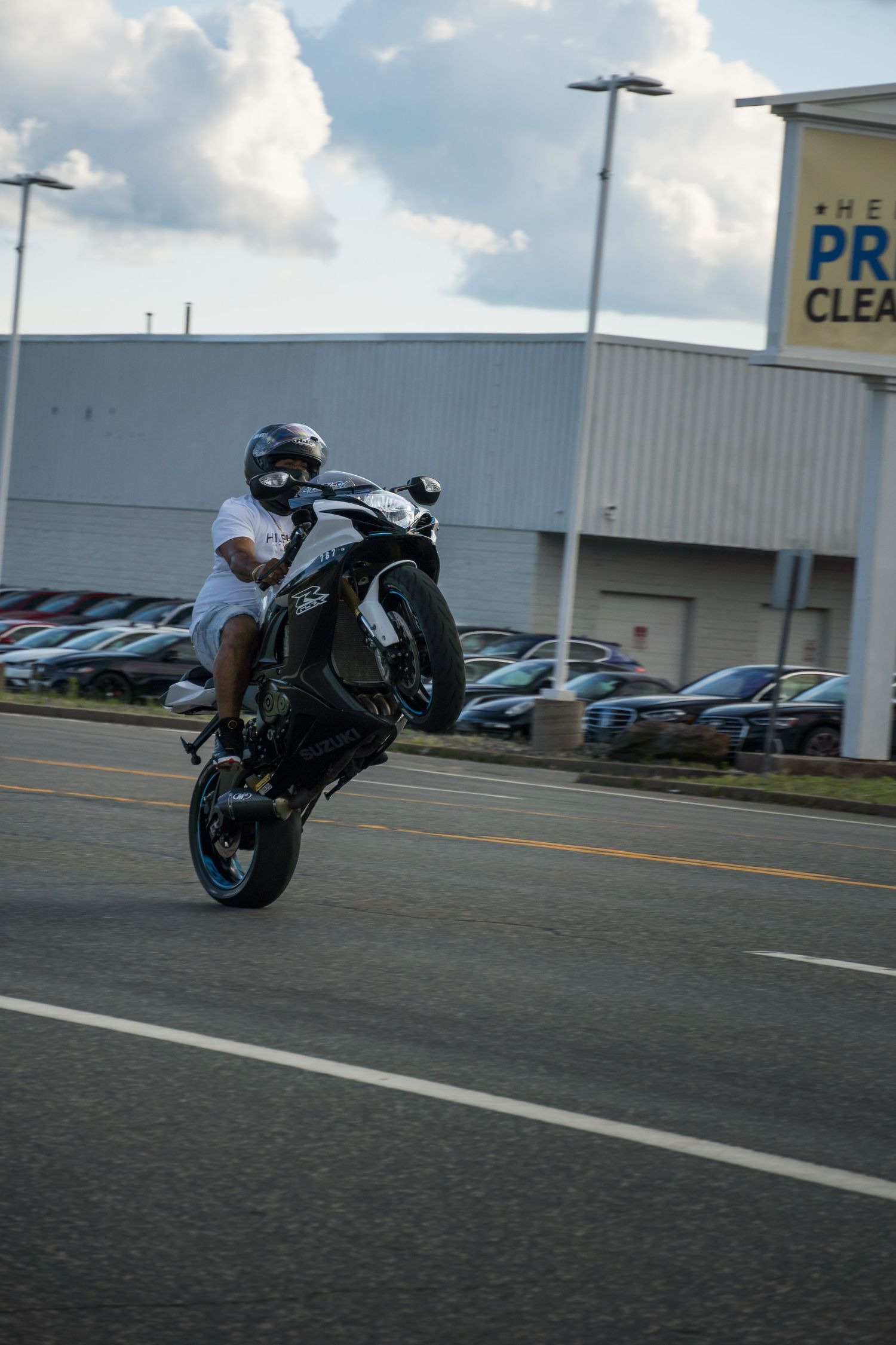 Motorcycle at Bike Night hosted by Cycle Gear doing a wheelie
