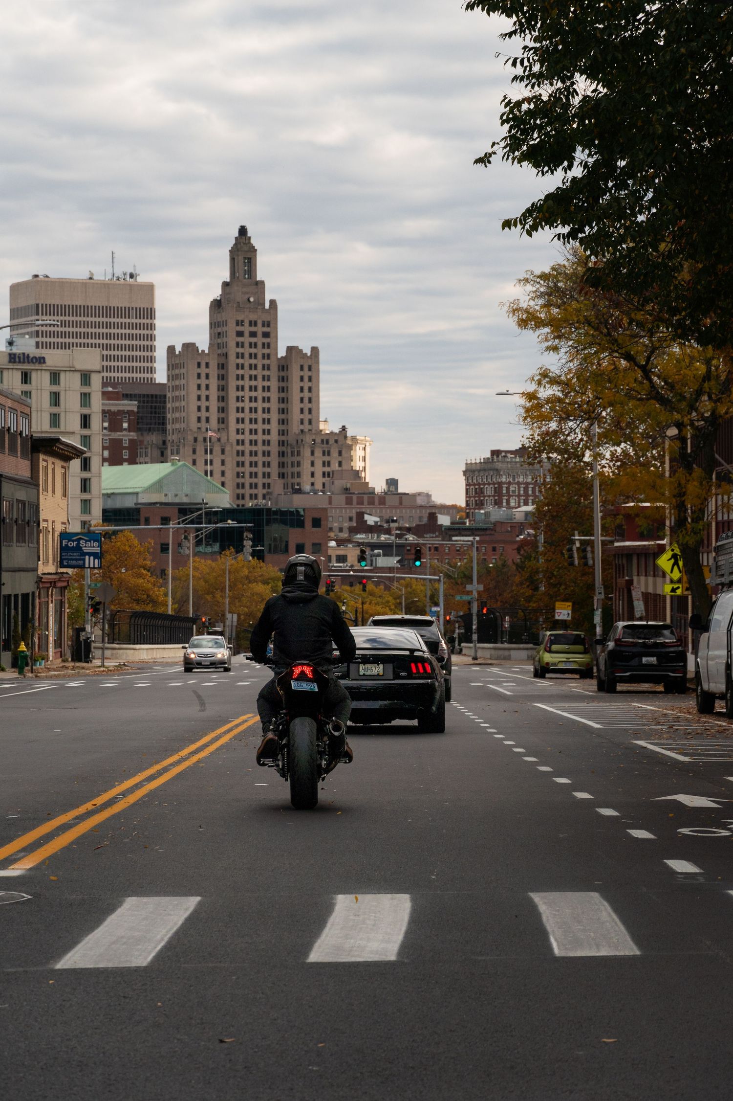 Kawasaki Z900 and 2002 Mustang GT cruising in Providence, RI