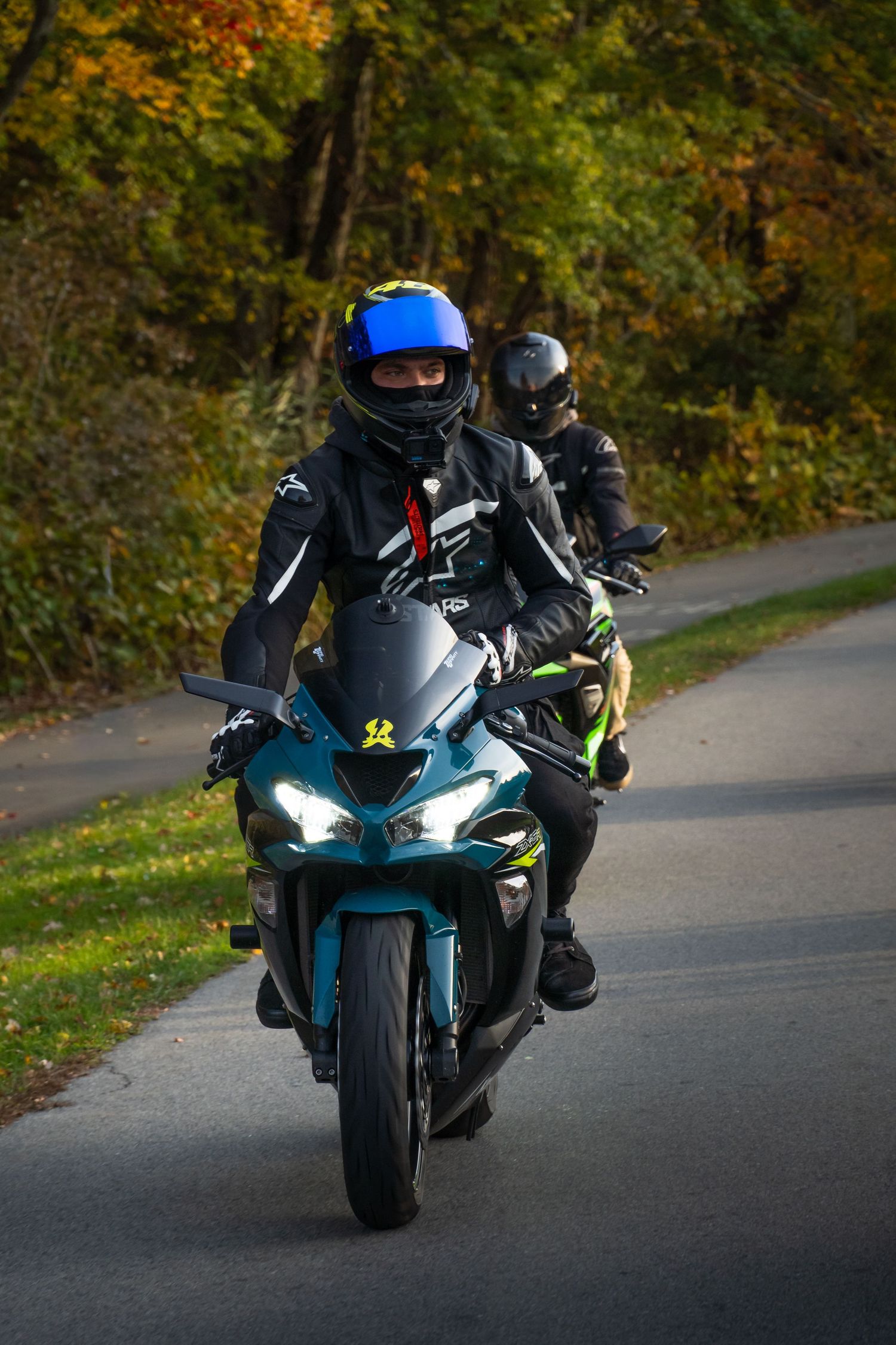 Teal Kawasaki ZX6R Fall leaves