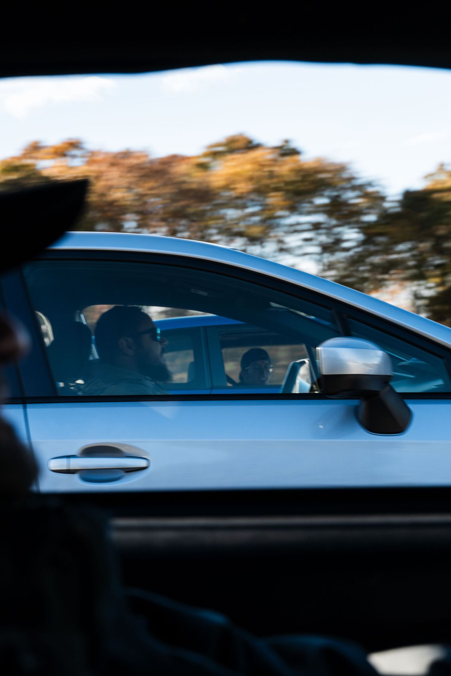 Friends cruising together on the Highway, Scion tc and Subaru WRX