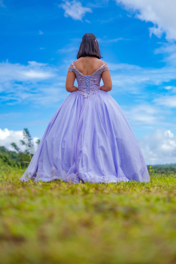 Back view of flowing purple ballgown dress against blue sky and rolling hills.