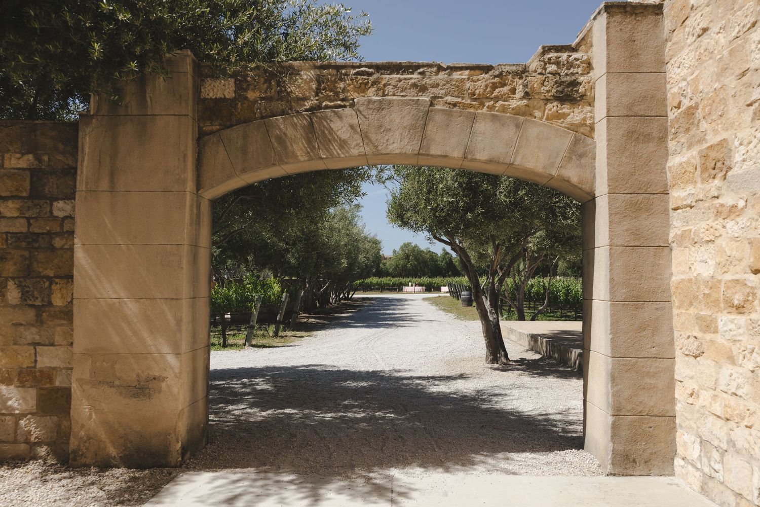 Stone archway frames a sunlit Mediterranean pathway lined with olive trees and beige stone walls.