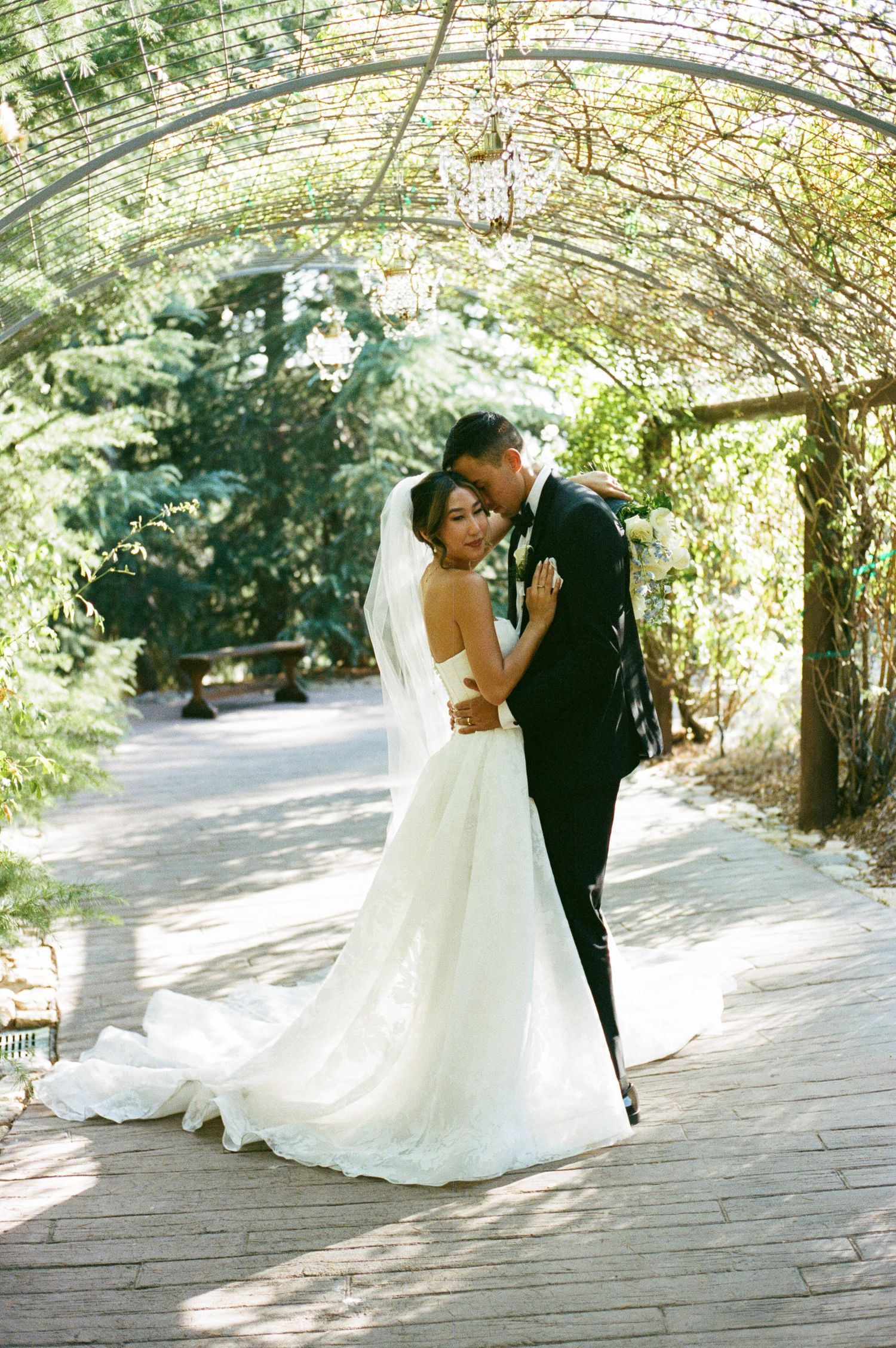 A romantic wedding couple shares an intimate dance pose on a wooden pathway surrounded by lush trees.