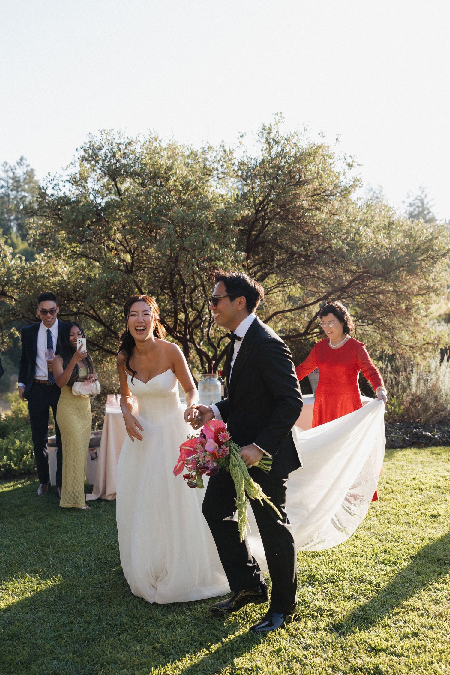 A wedding party celebrates on a grassy lawn with the bride's dress flowing in the breeze.
