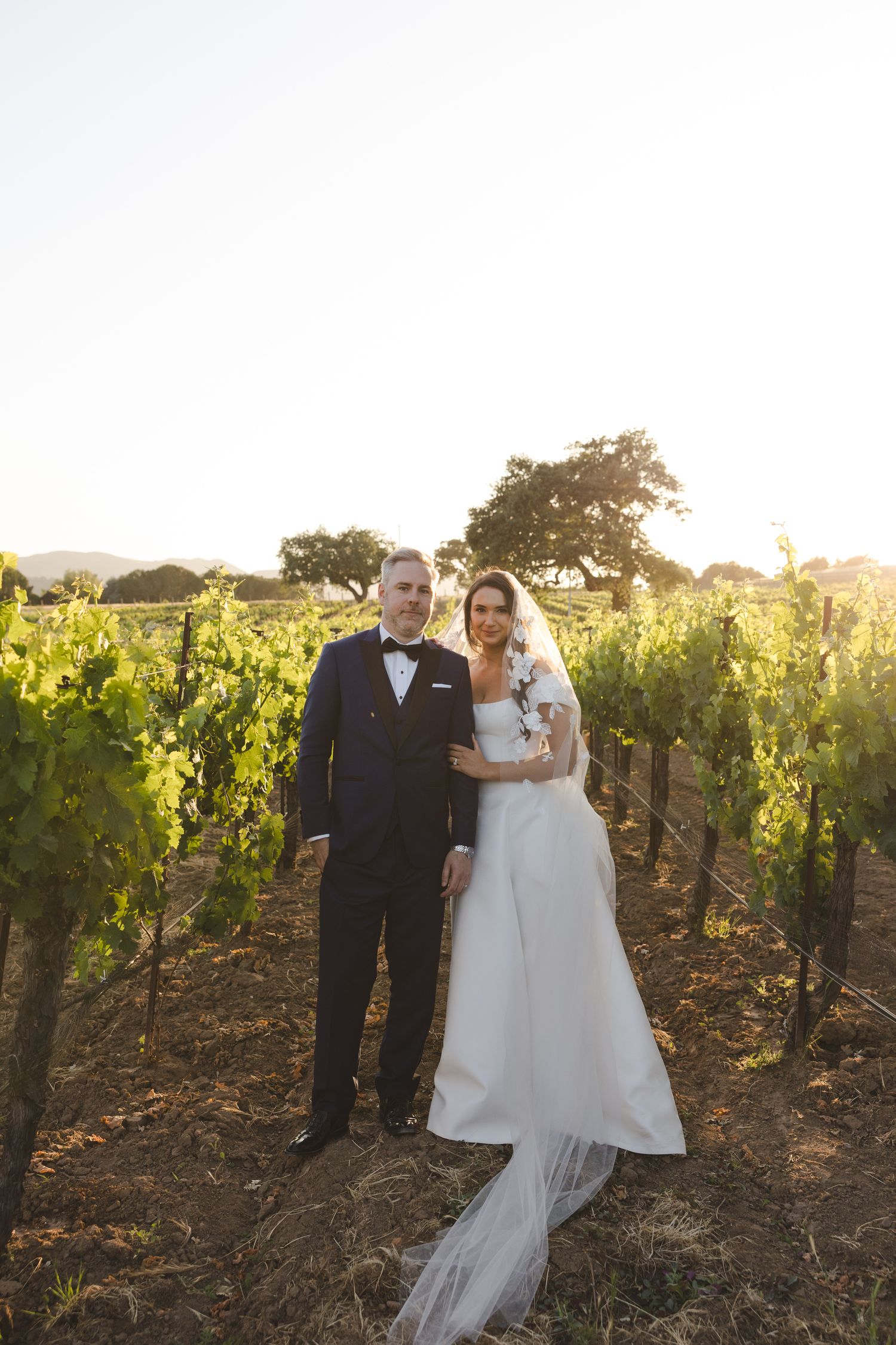 Newlyweds pose in sunlit vineyard wearing classic formal attire.