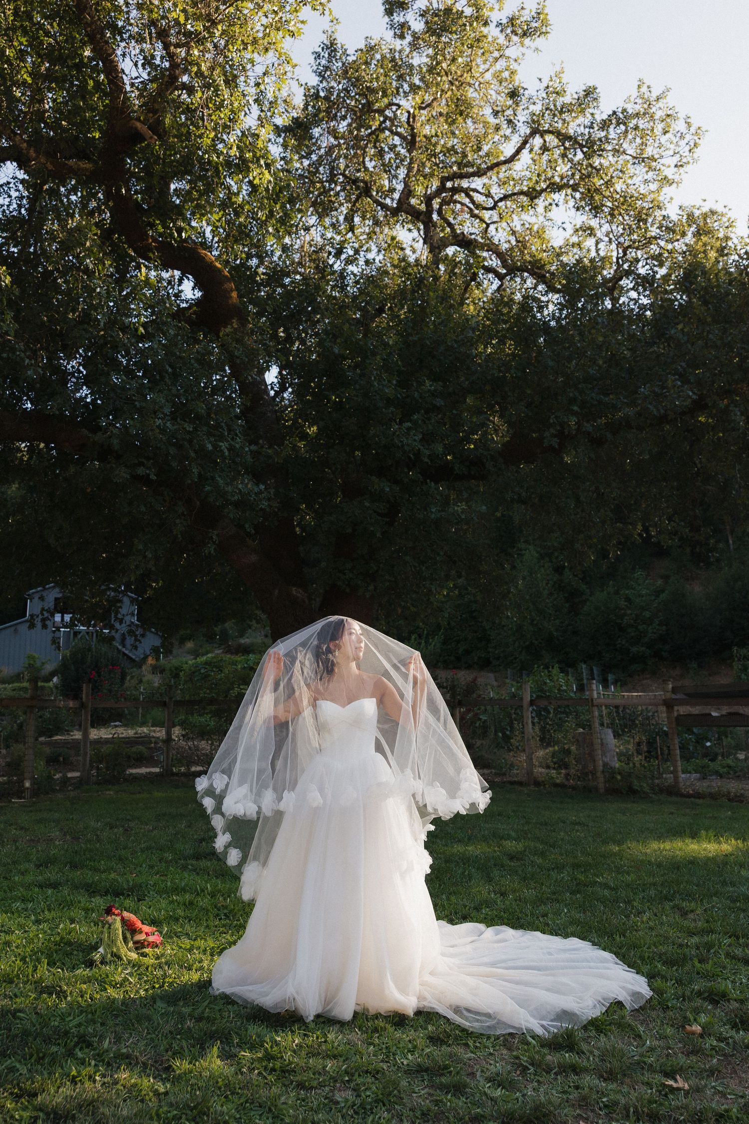 Flowing white wedding dress with long train spread across green grass in garden setting.