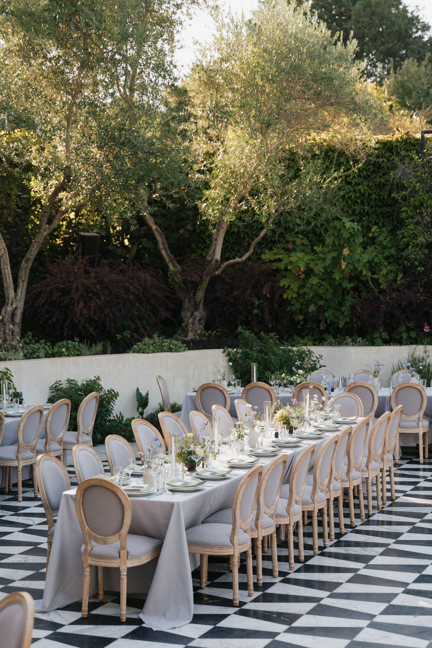Elegant outdoor wedding reception setup with white chairs and black and white checkered flooring under olive trees.