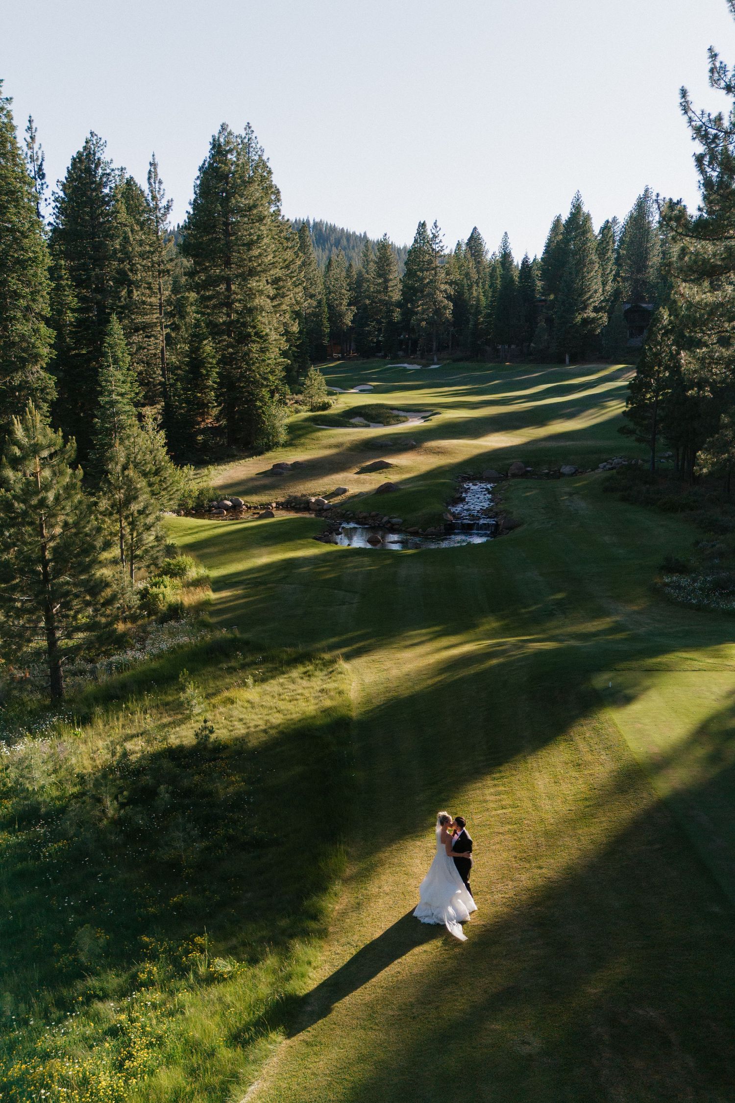 Aerial view of bride and groom embracing on a lush golf course fairway surrounded by tall pine trees.