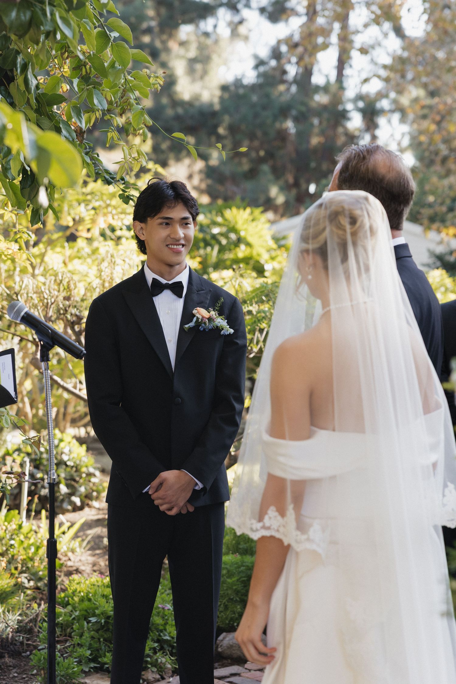 A series of wedding ceremony photos showing a couple exchanging vows in a beautiful garden setting.