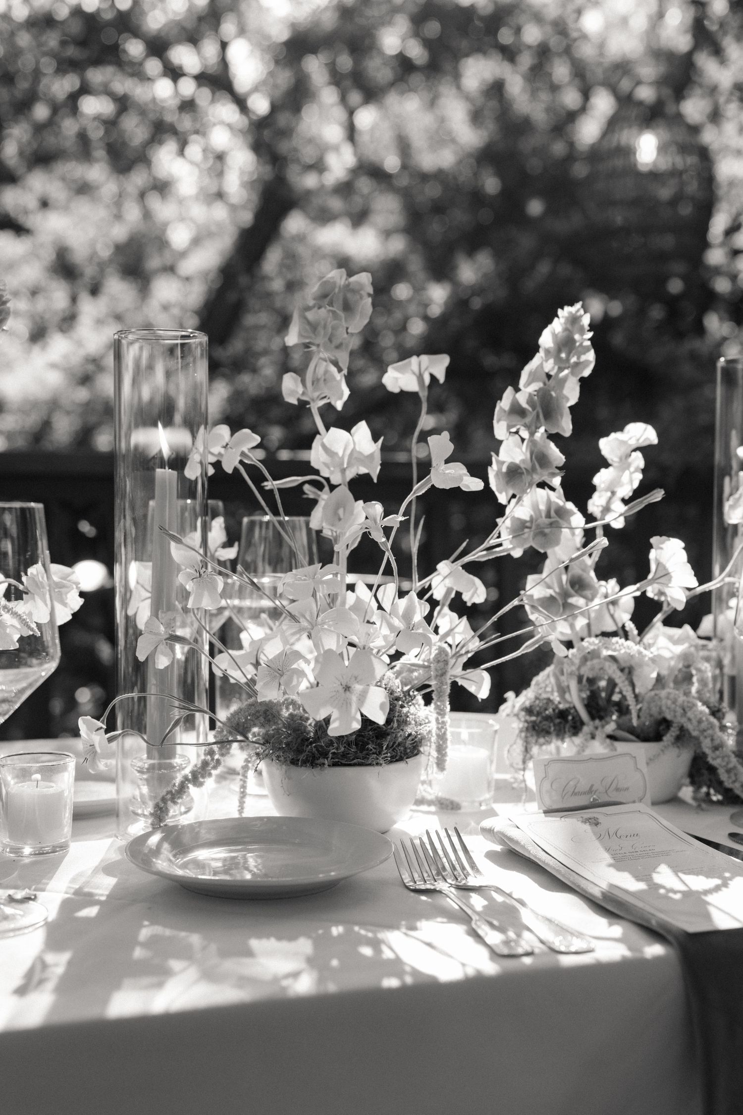 Elegant black and white photo of outdoor wedding table with floral centerpiece and place settings.