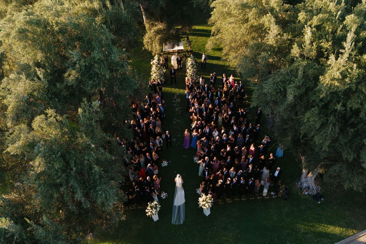 Aerial drone view of a wedding ceremony with guests seated in rows outdoors among lush green trees.