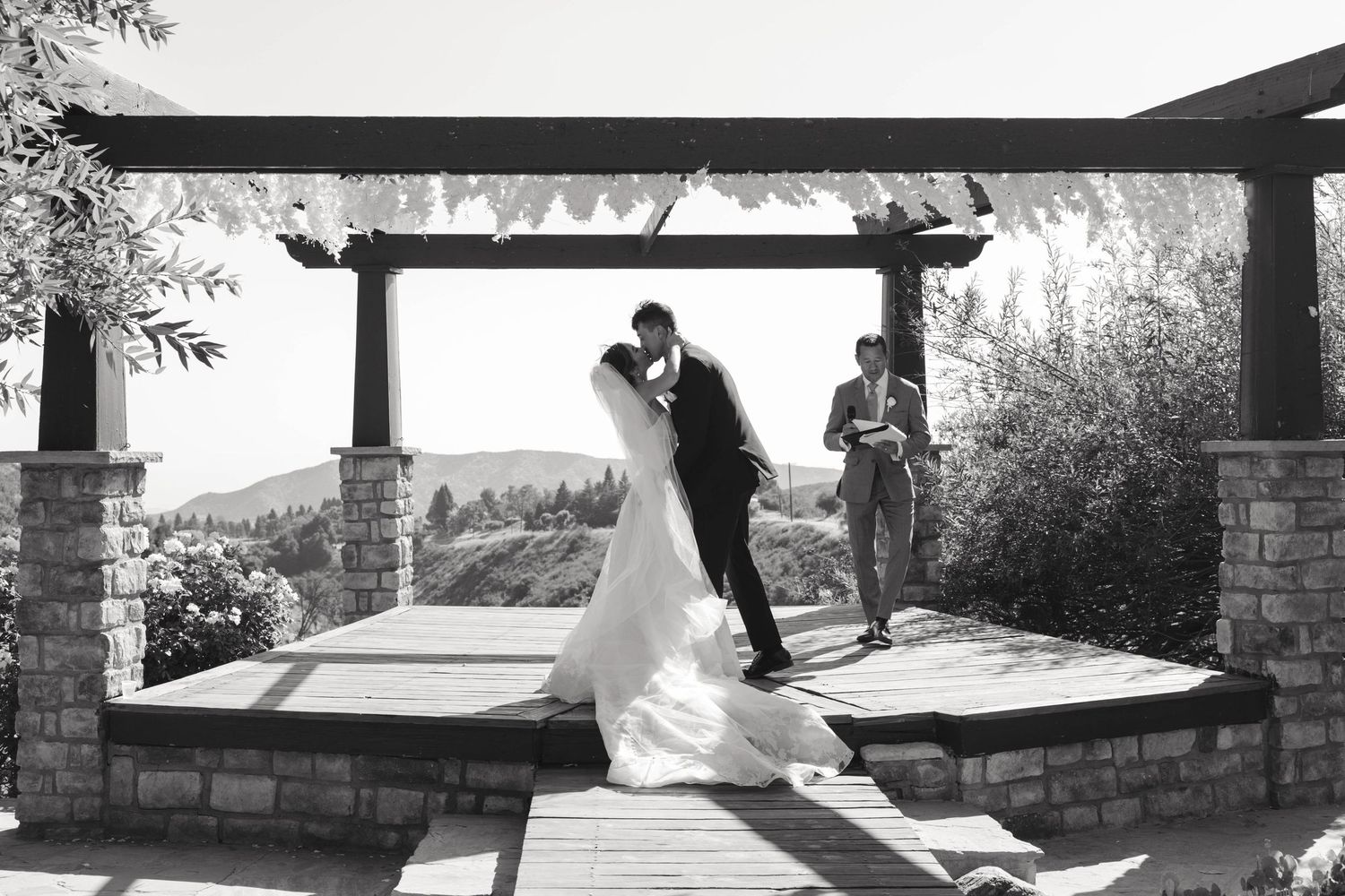 Silhouetted wedding photography sequence captured against a bright outdoor background.