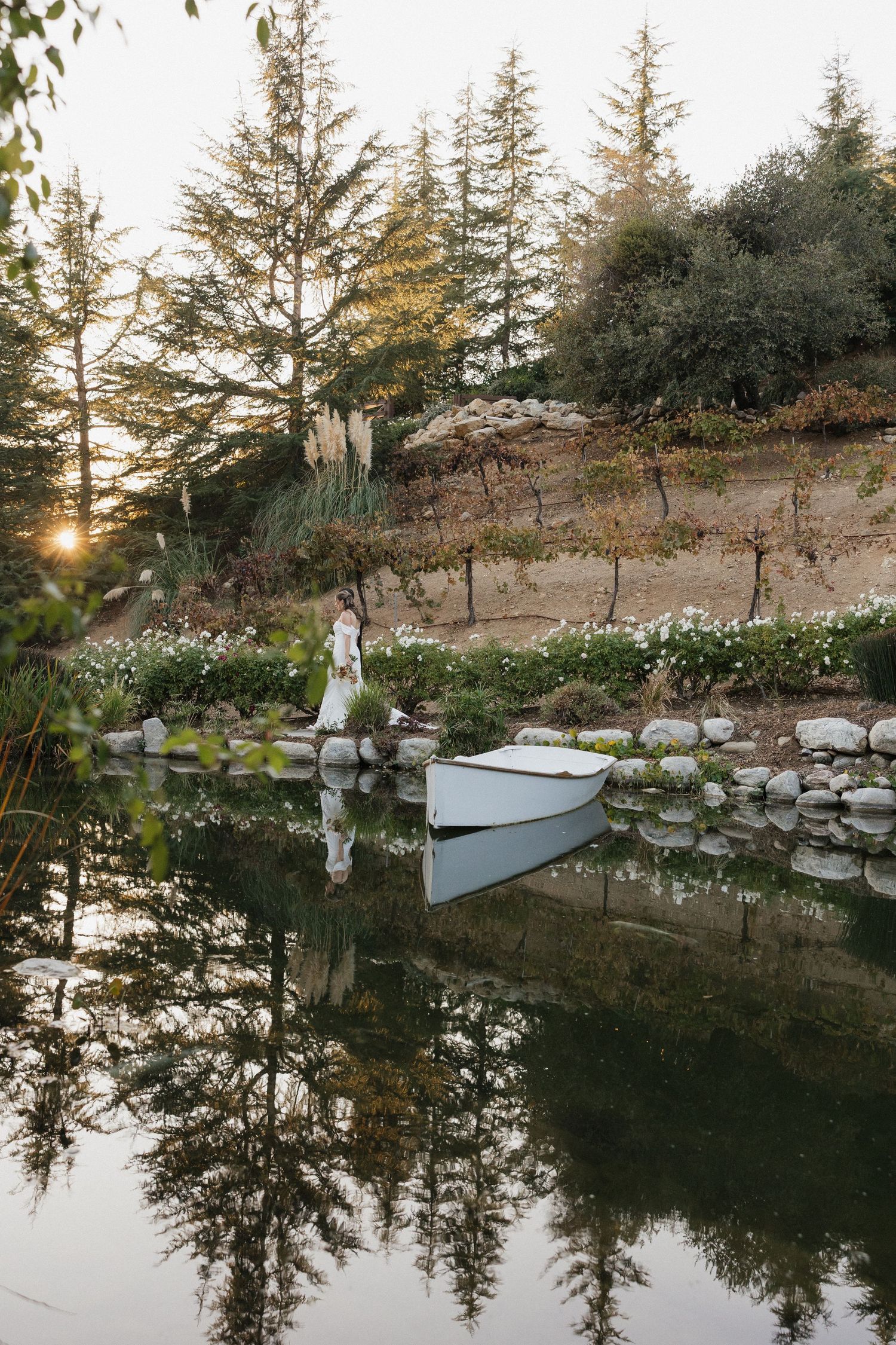 Tranquil pond with tree reflections and stone landscaping at sunset.