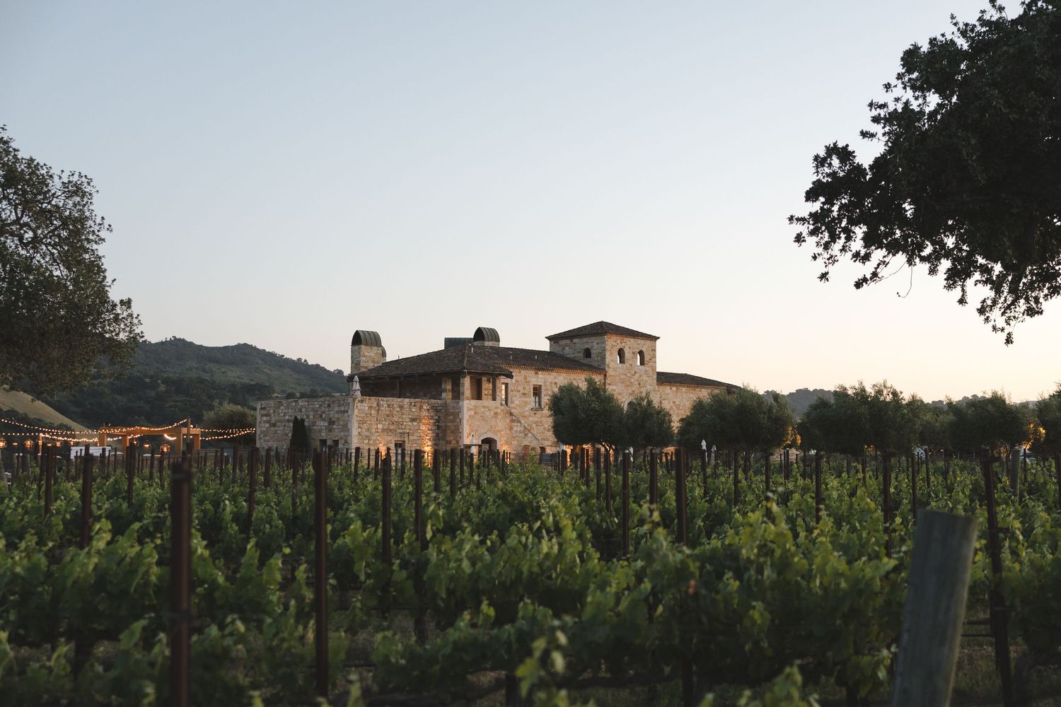 A Tuscan-style villa nestled among vineyard rows at dusk with mountains in the background.