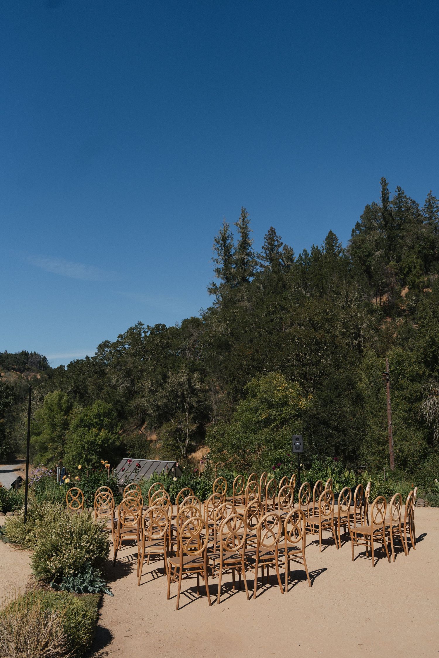 Rows of wooden cross-back chairs arranged outdoors for a ceremony with trees and blue sky in the background.
