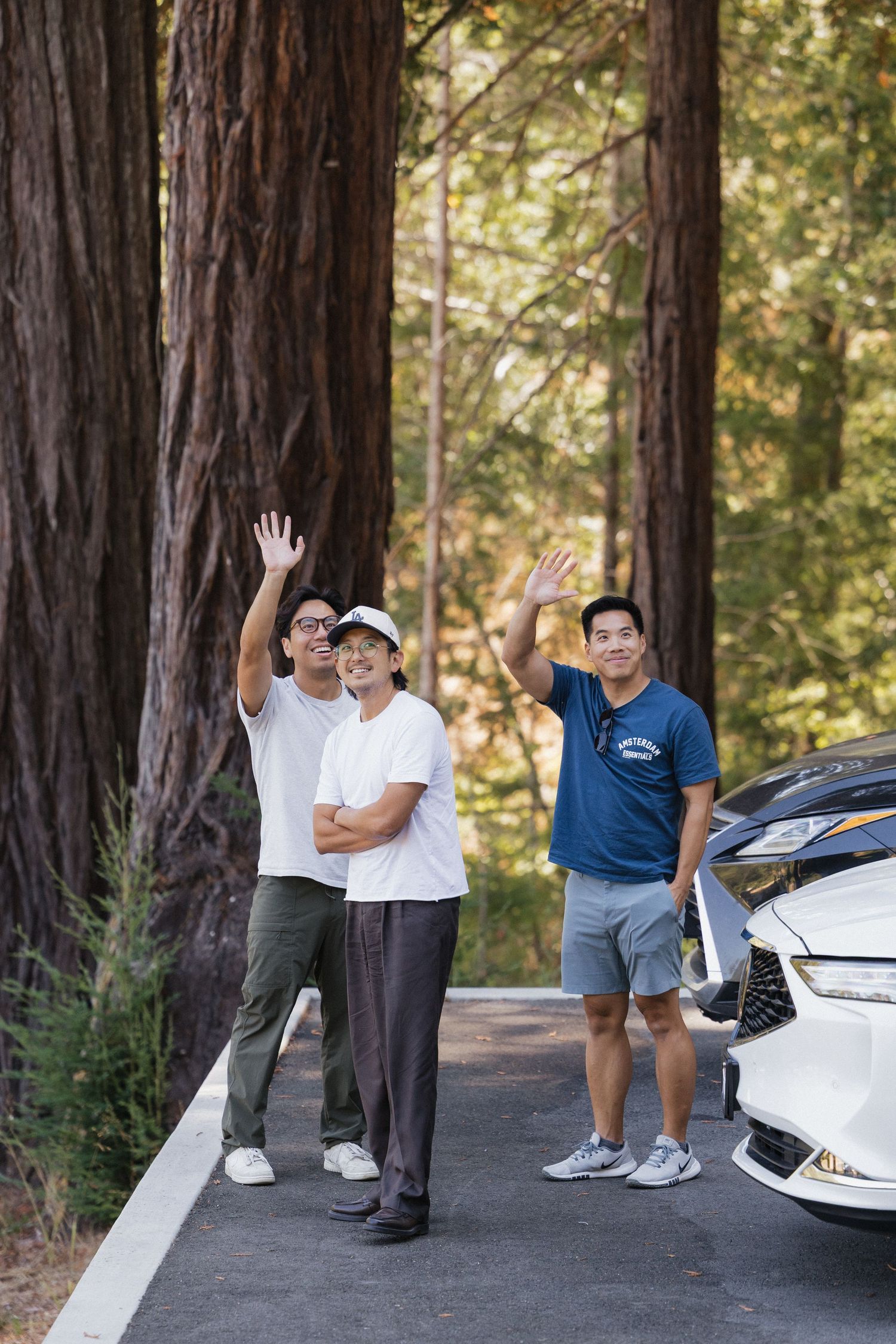 A group stands among tall redwood trees on a paved path, with parked cars visible in the background.