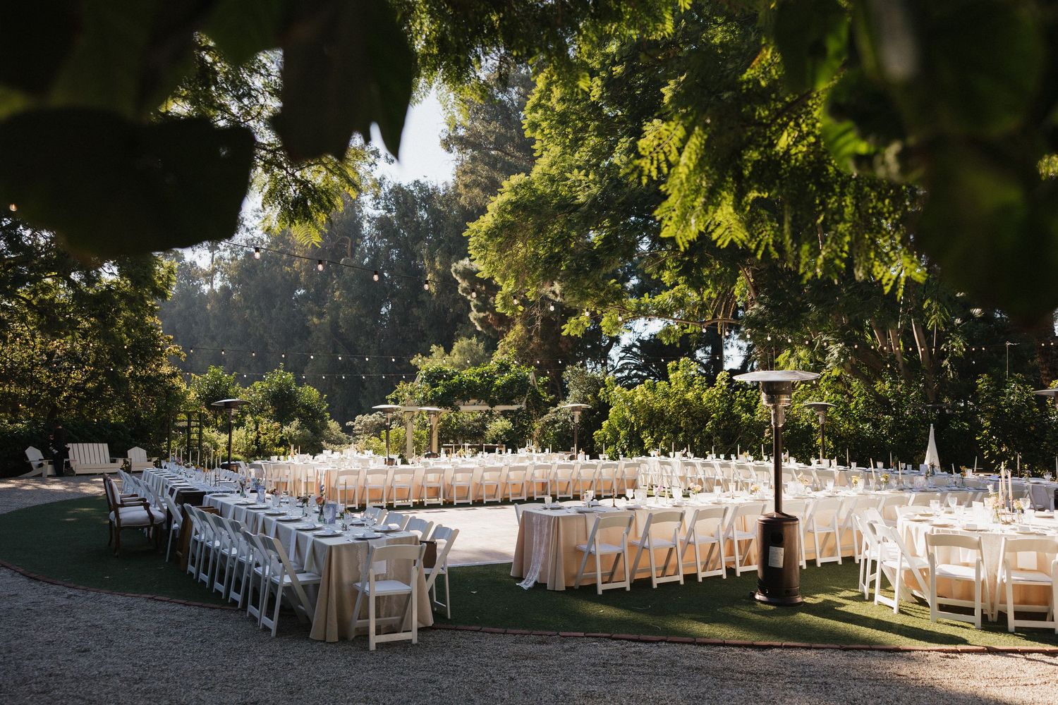 Long rows of elegant outdoor wedding reception tables set under towering trees.