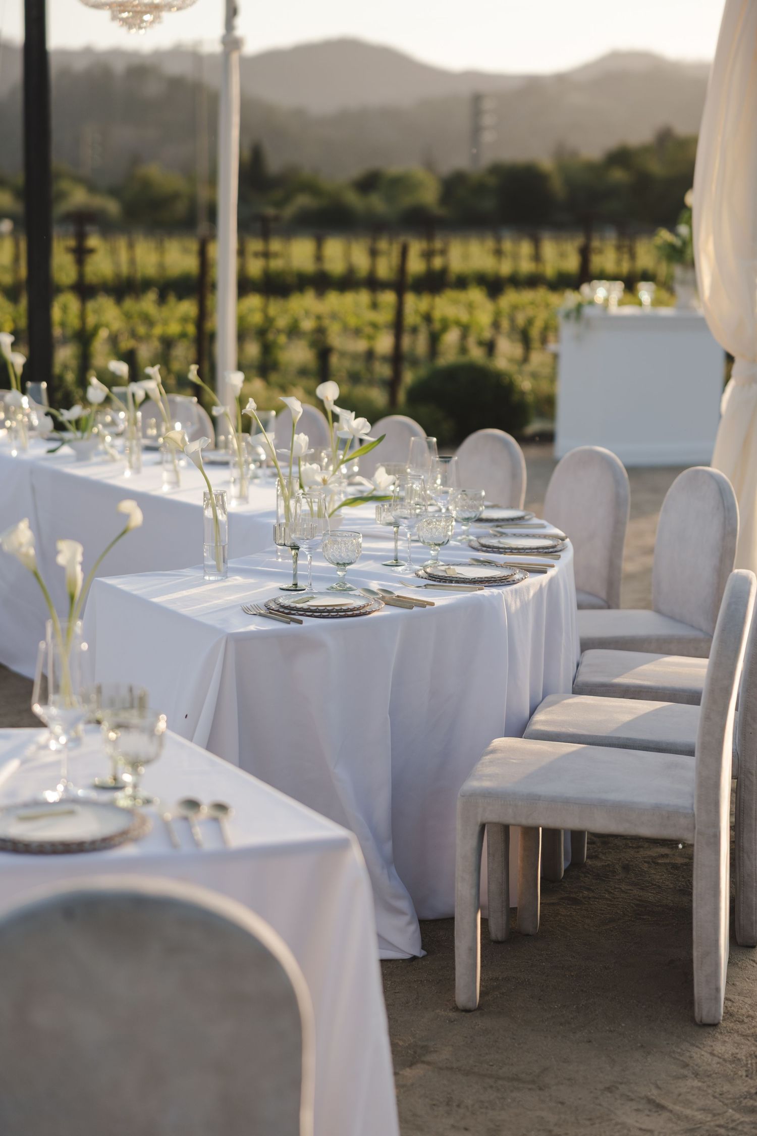 Elegant outdoor wedding reception tables with white linens and place settings overlooking vineyards and mountains at sunset.