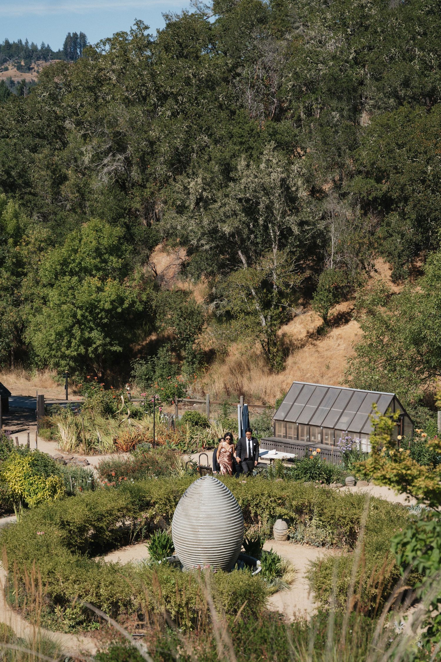 A scenic garden path leads through lush greenery with solar panels visible among oak trees on a hillside.