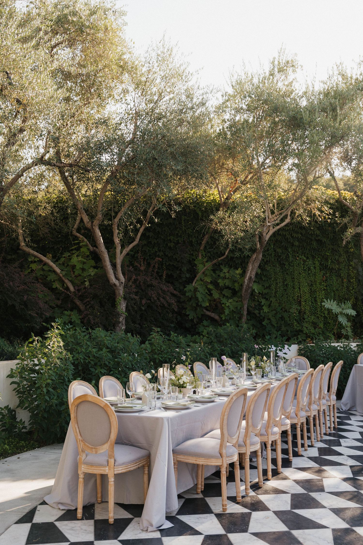 An elegant outdoor wedding reception setup with white tables and chairs under olive trees.