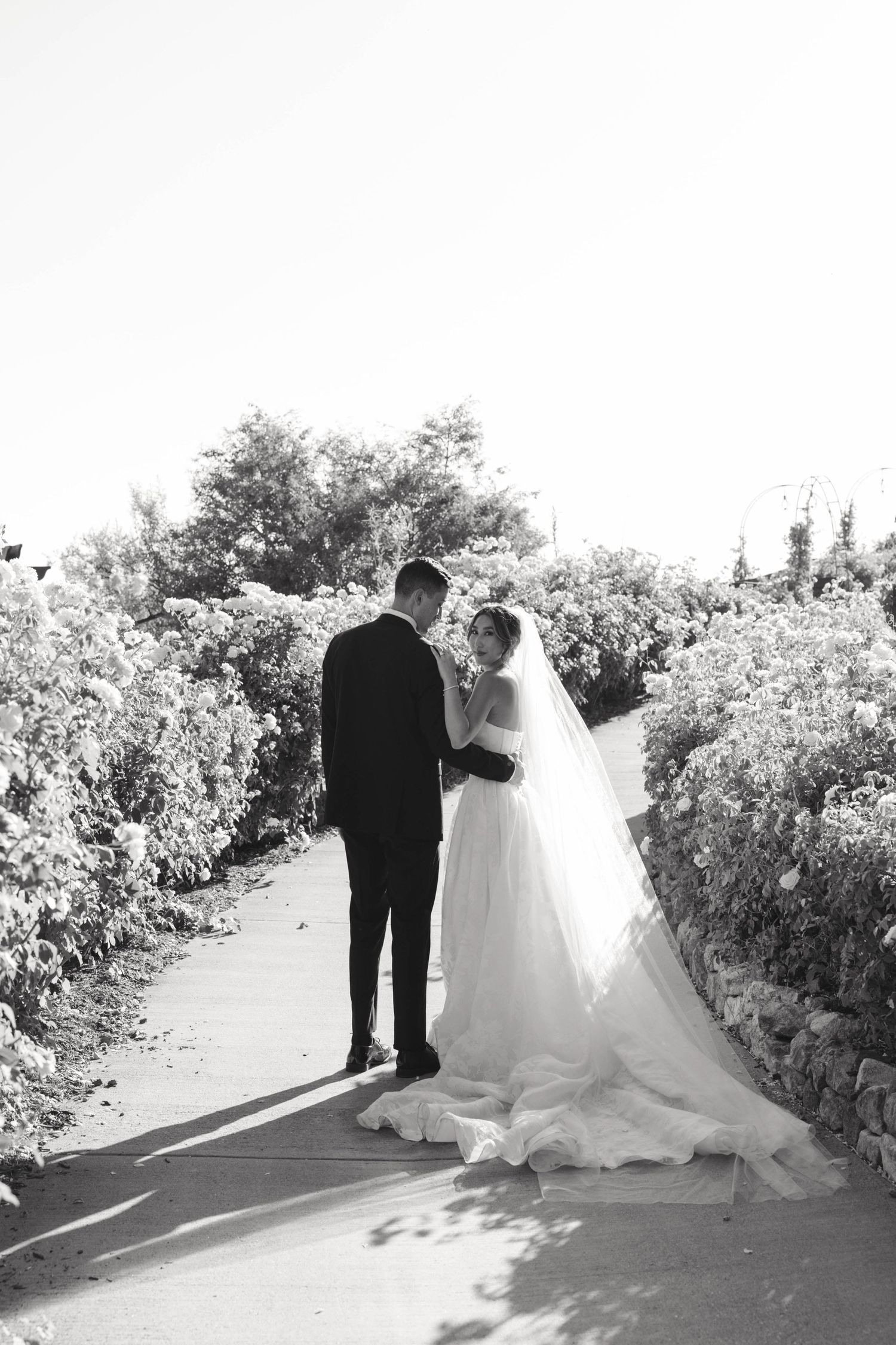 Wedding couple walks down pathway surrounded by flowering bushes in black and white photo.