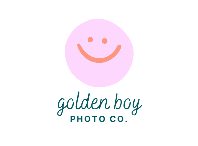 Golden Boy Photo Co. logo featuring a pink smiley face circle above teal script text on white background.