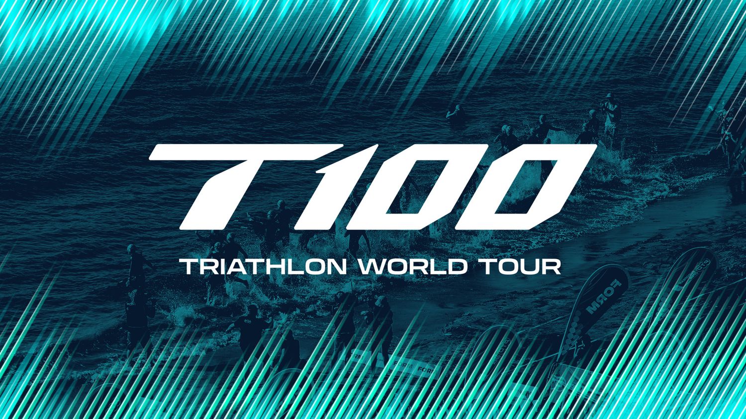 Modern sports logo design for T100 Triathlon World Tour against a teal textured background with diagonal lines.