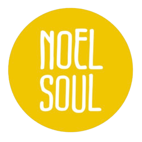 White text spelling 'NOEL SOUL' on a yellow circular background in a modern minimalist design.