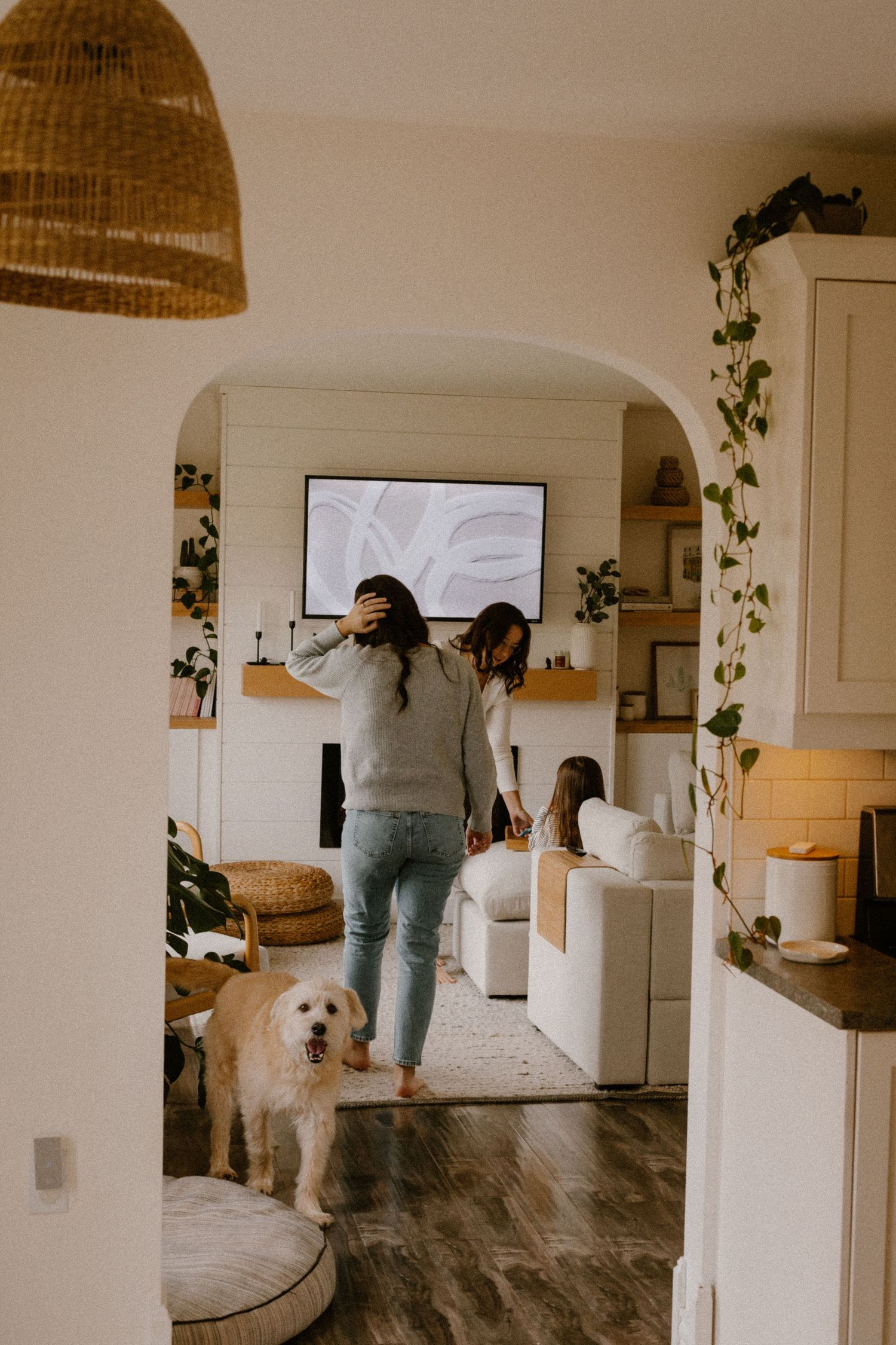 A cozy home interior with a golden retriever and indoor plants under a woven pendant light.