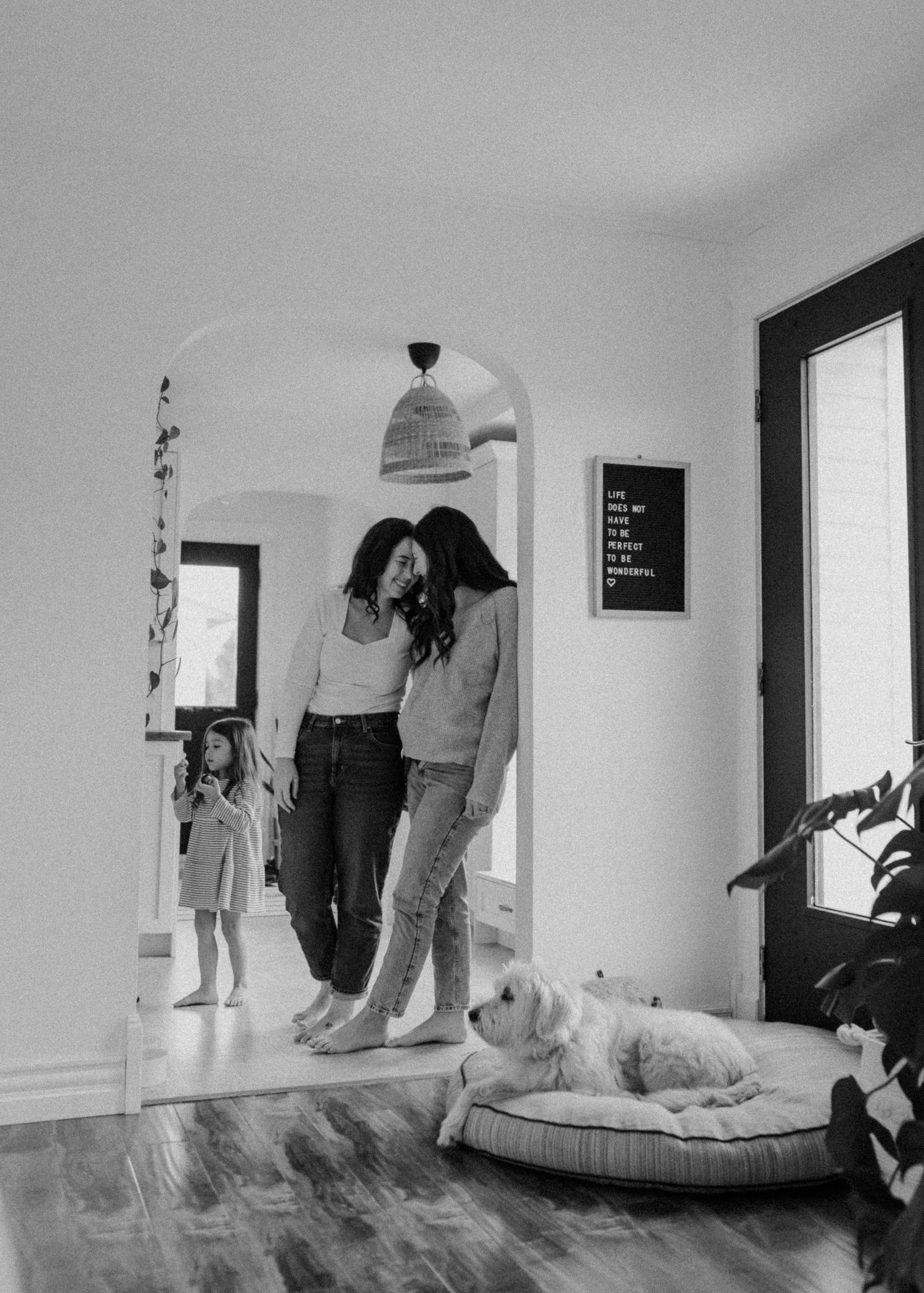 Black and white photo showing a cozy home scene with a dog resting on its bed.