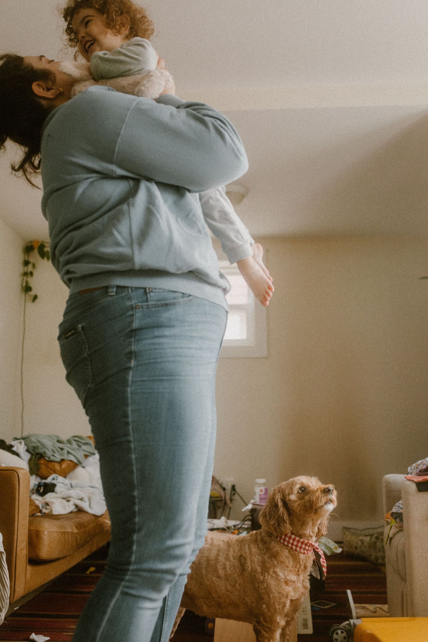 A candid indoor moment showing someone holding a child while a small dog with a bandana looks on attentively.